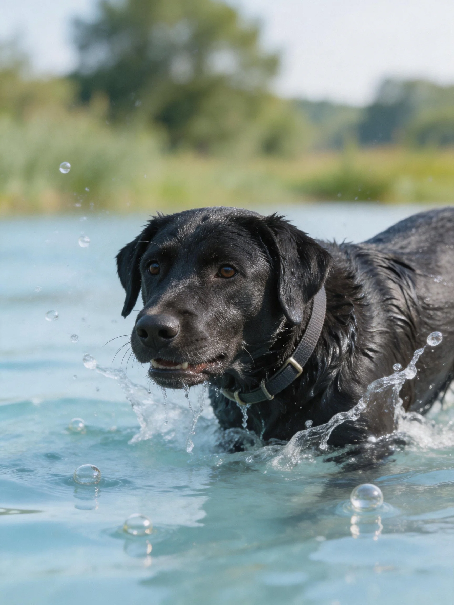 A black Labrador retriever creates splashes while swimming in water.