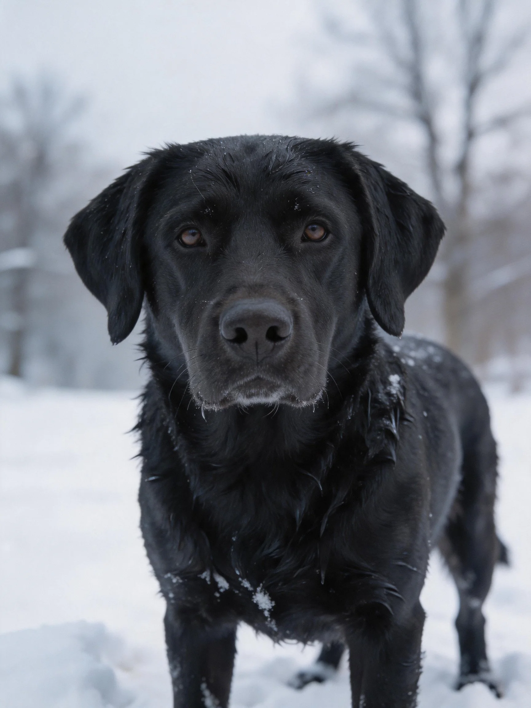 A black Labrador retriever stands ina snowy area with blurred trees in the background.