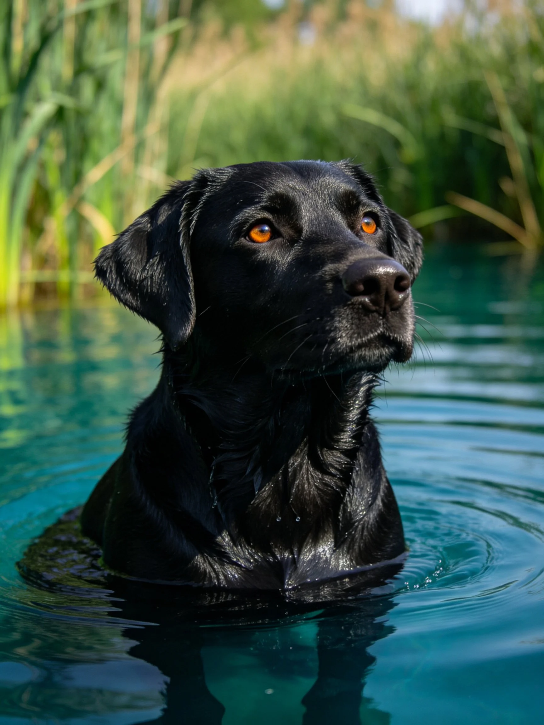 A black Labrador retriever swims in calm blue water near tall green vegetation.