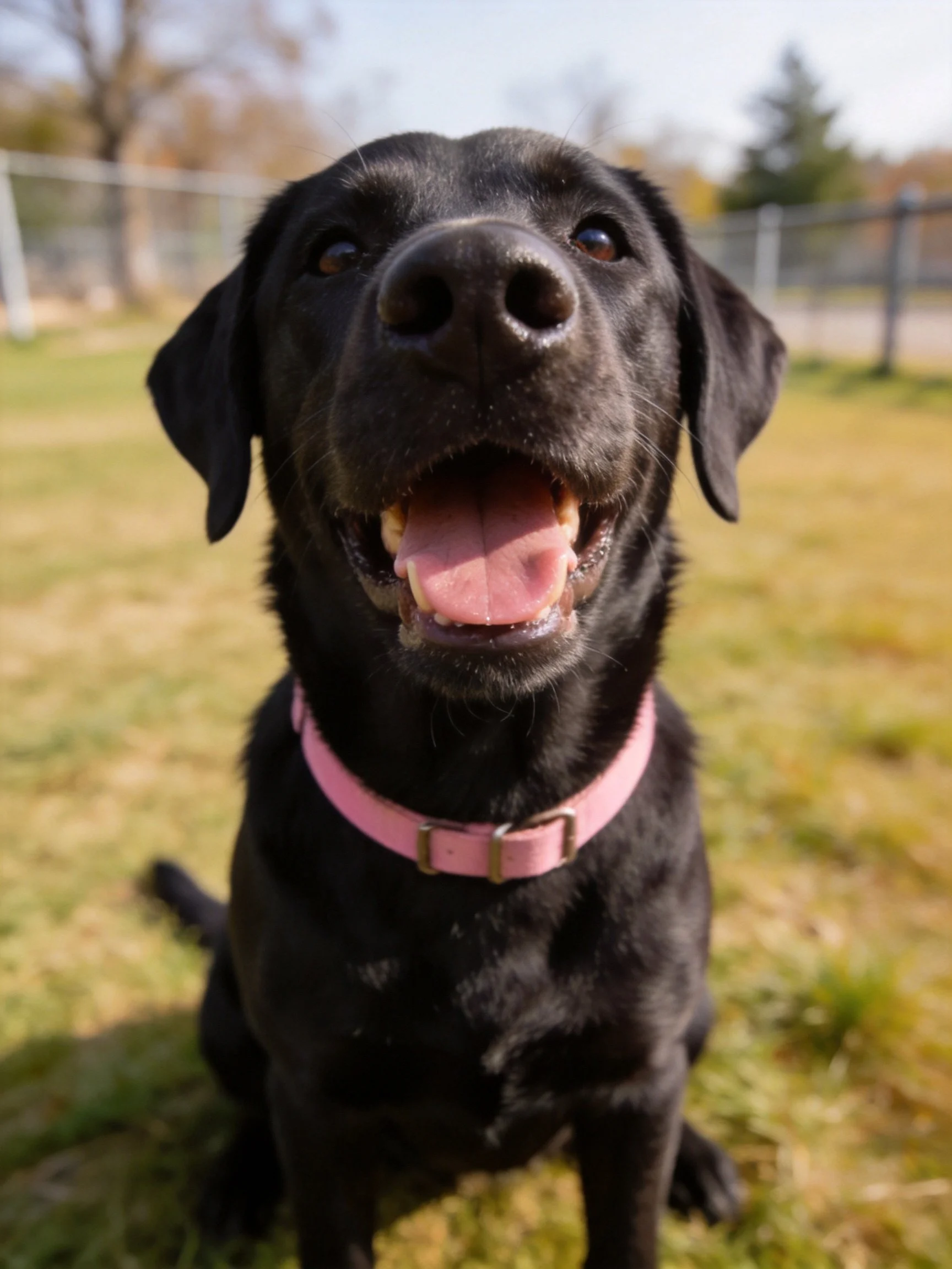 A black Labrador retriever wearing a pink collar in a grassy area