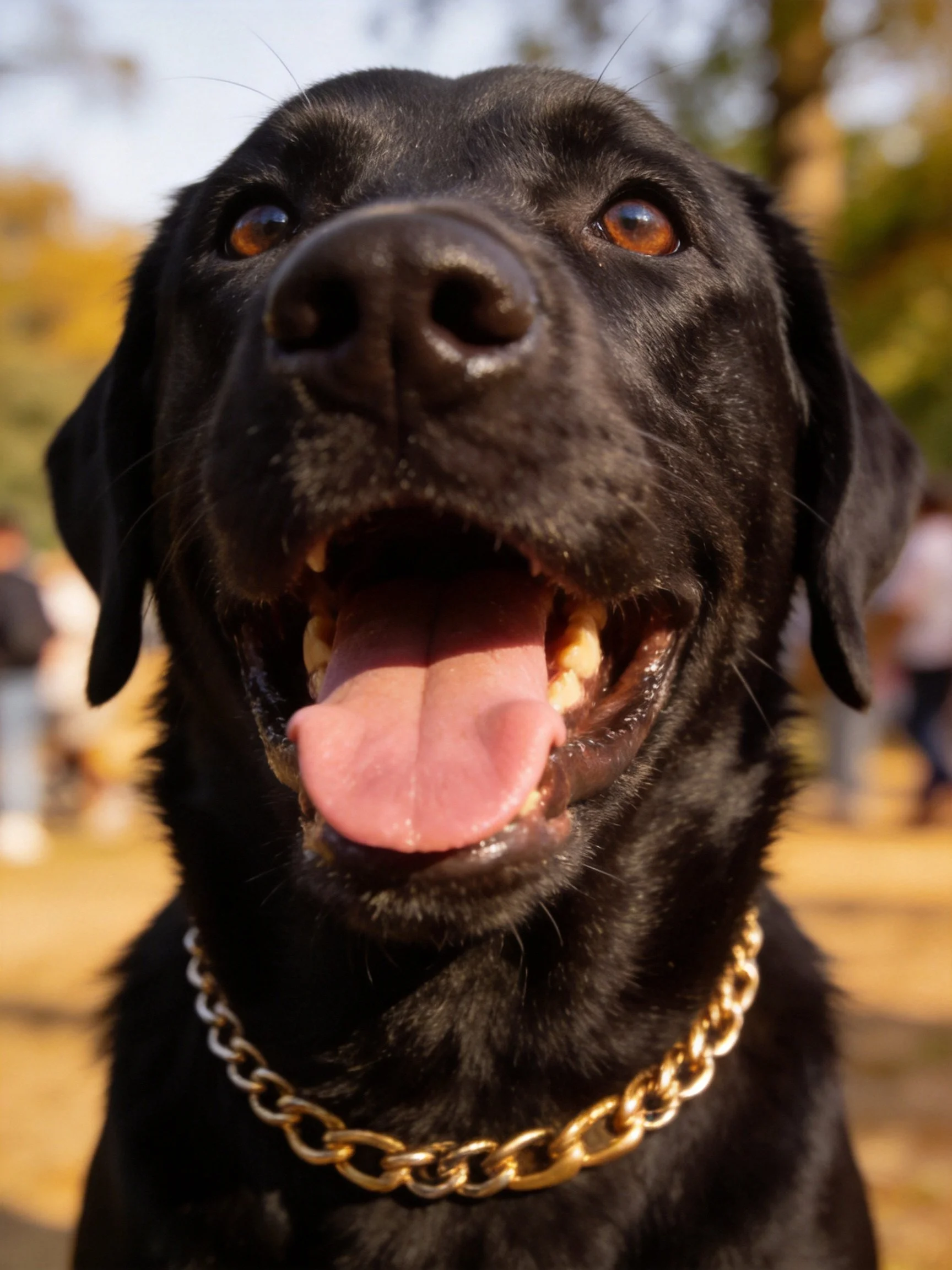 A black Labrador retriever with a gold chain is outdoors with mouth open