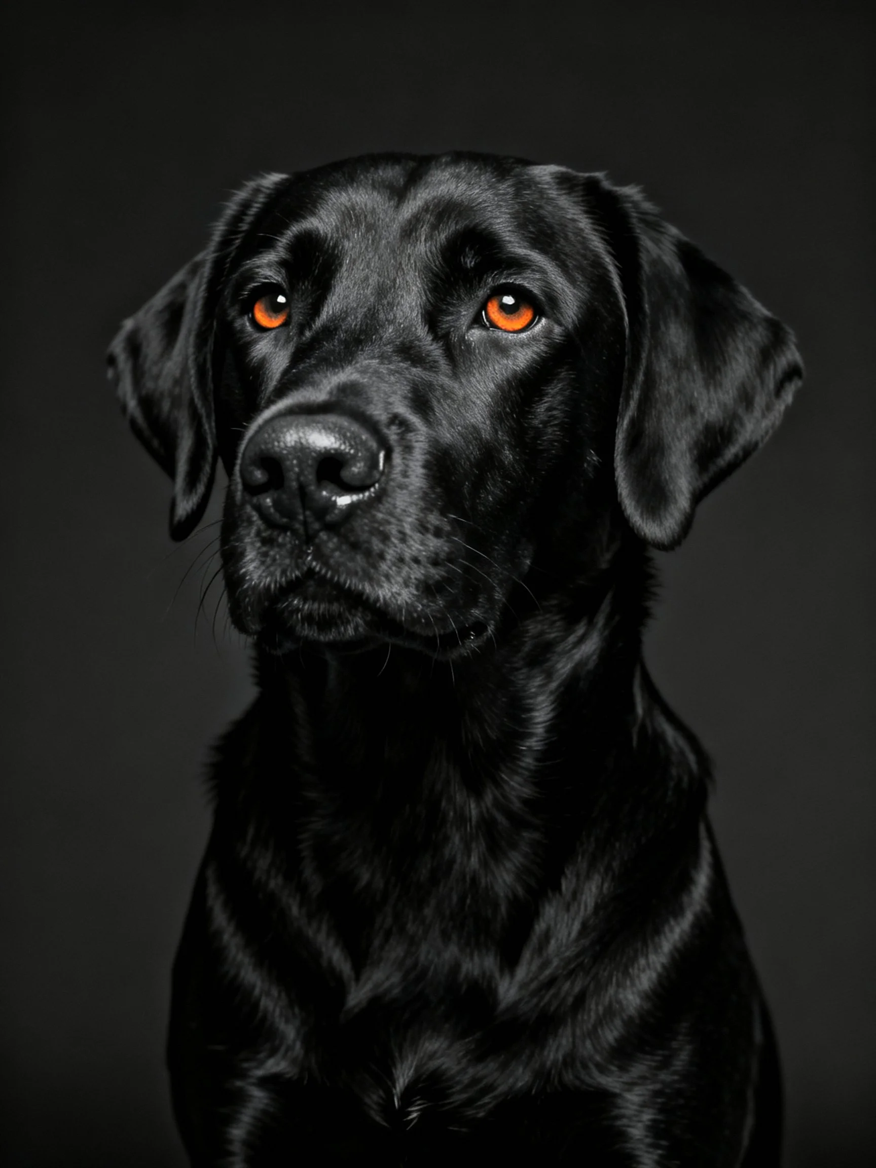 A black Labrador retriever with amber eyes is featured against a dark background.
