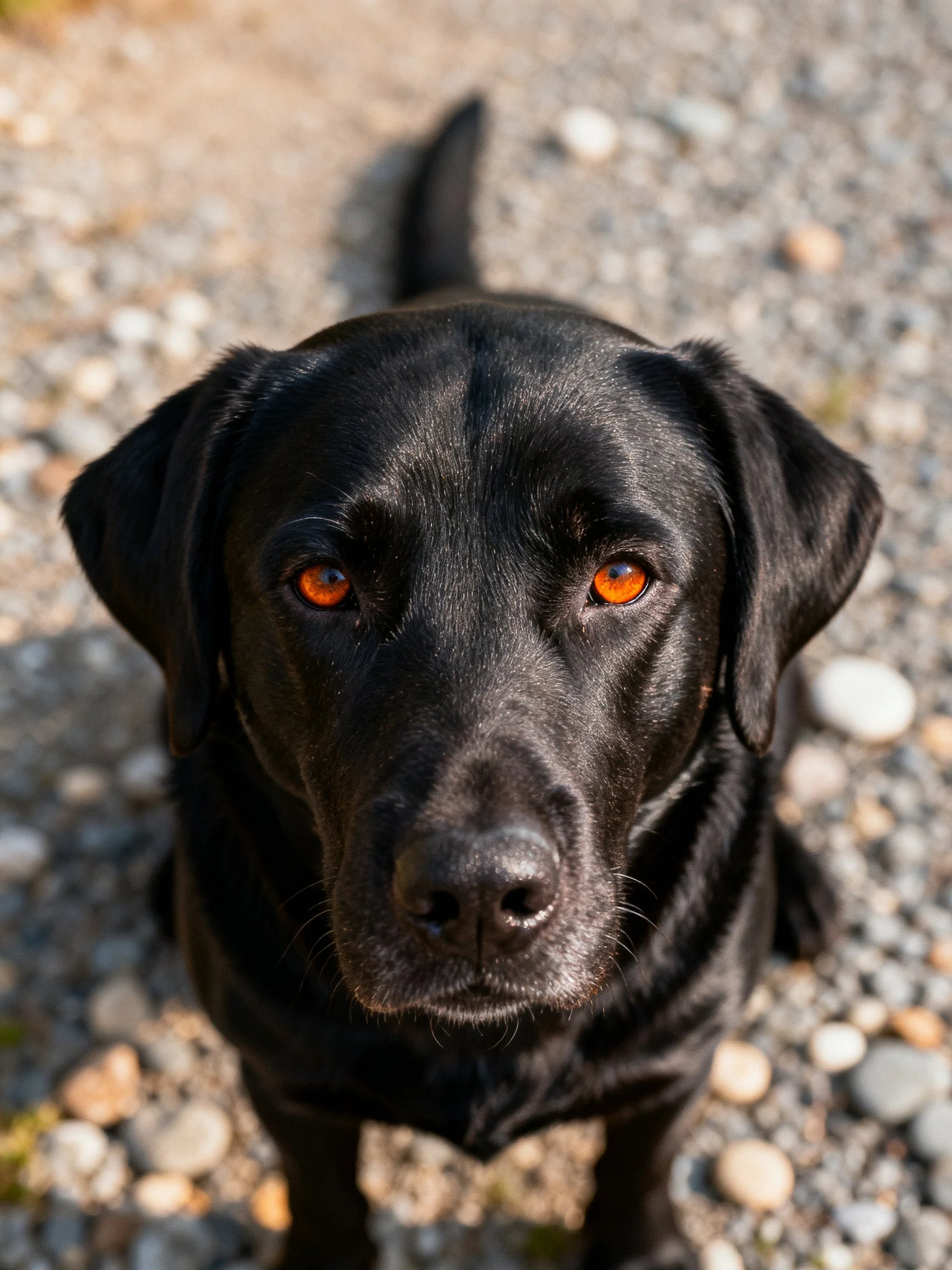 A black Labrador retriever gazes directly at the camera on a gravel surface.