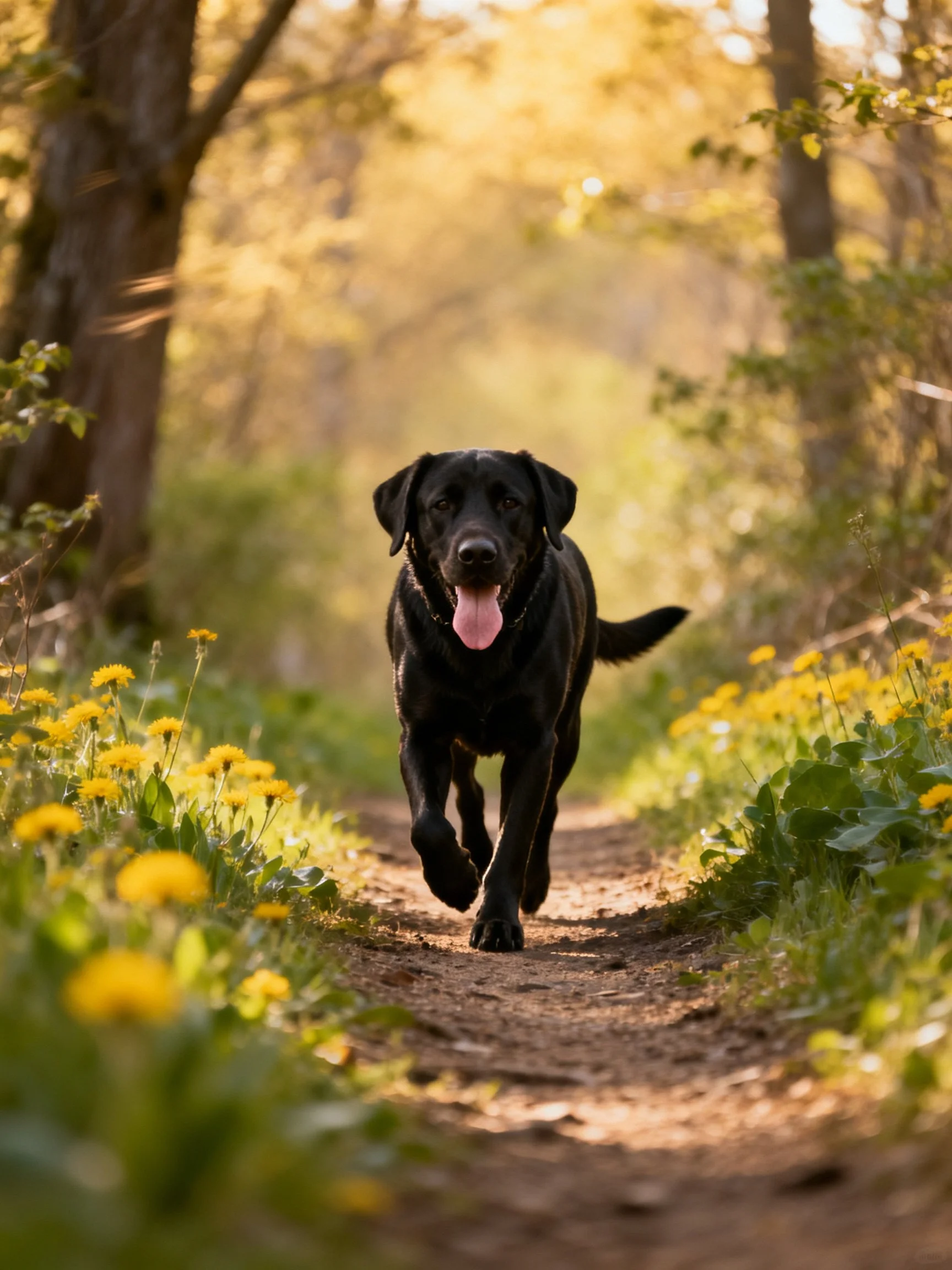 A black Labrador runs along a sunlit forest path with yellow wildflowers