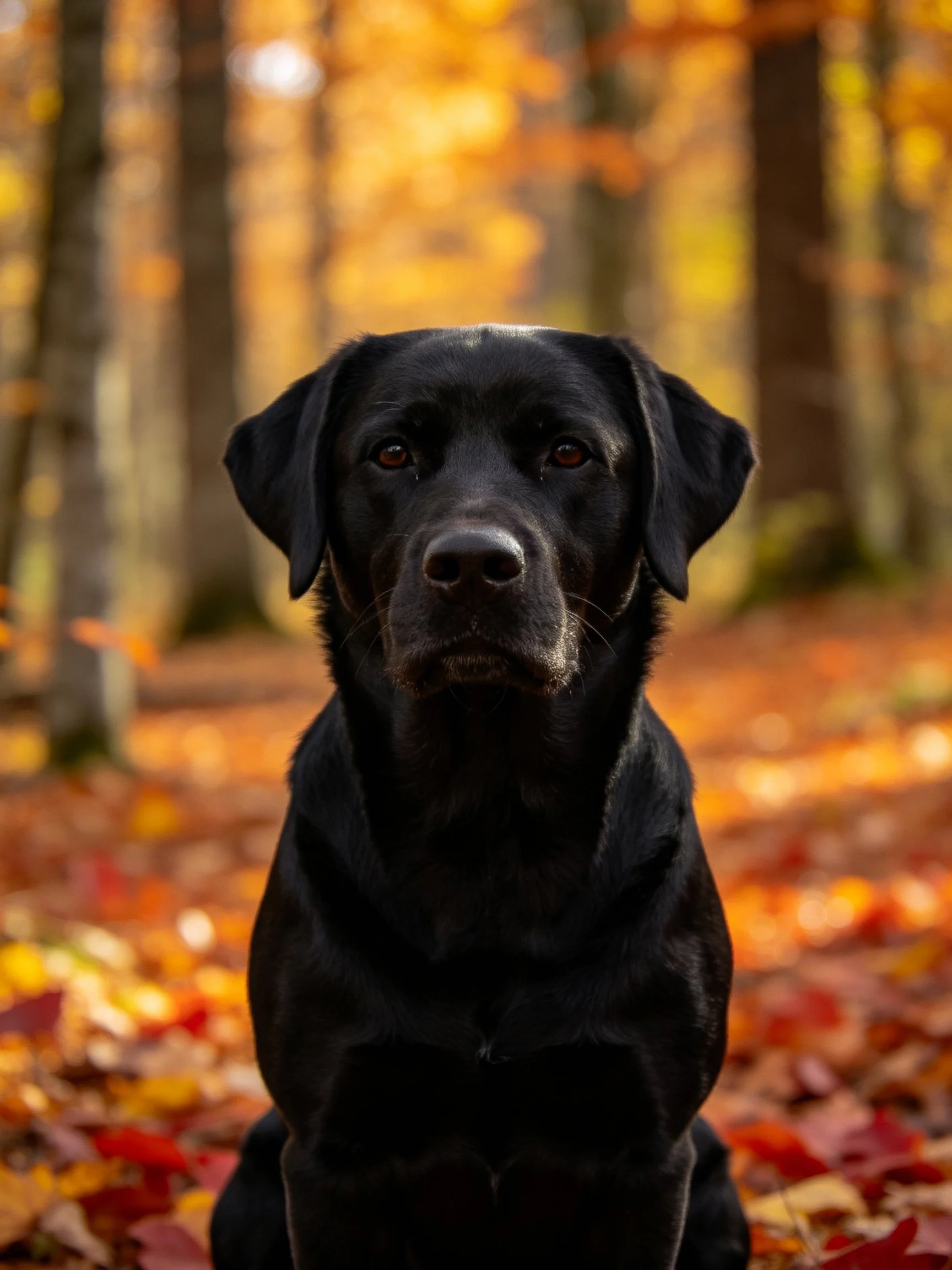A black Labrador sits calmly amid autumn scenery in a sunlit forest.