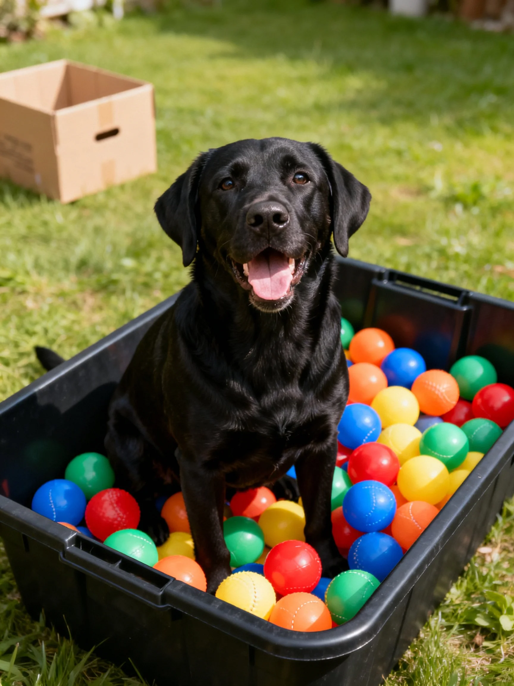 A black Labrador sits in a bin of multicolored plastic balls on green grass