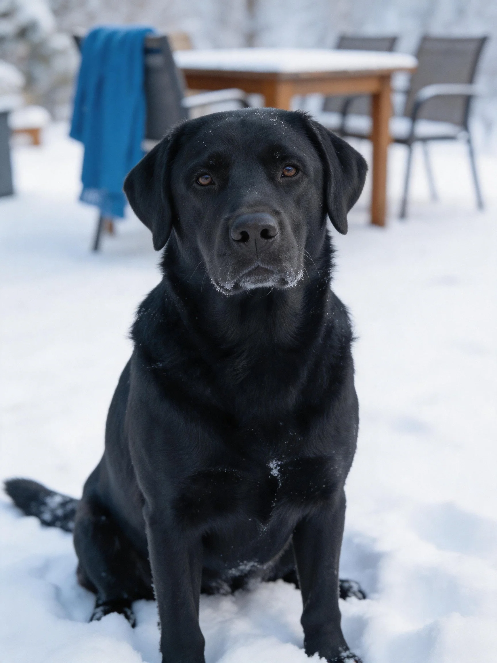A black Labrador sits in a snowy backyard with patio furniture