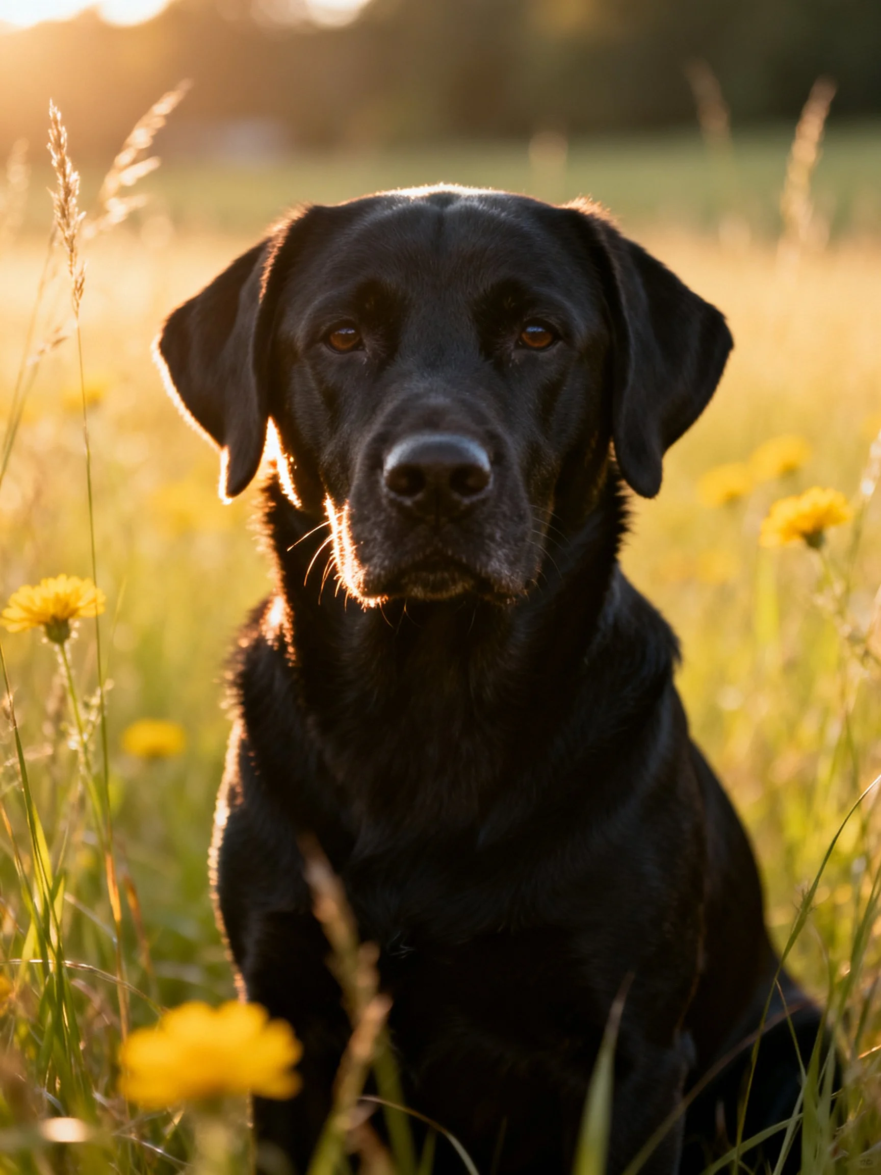 A black Labrador sits in a sunlit meadow with yellow wildflowers