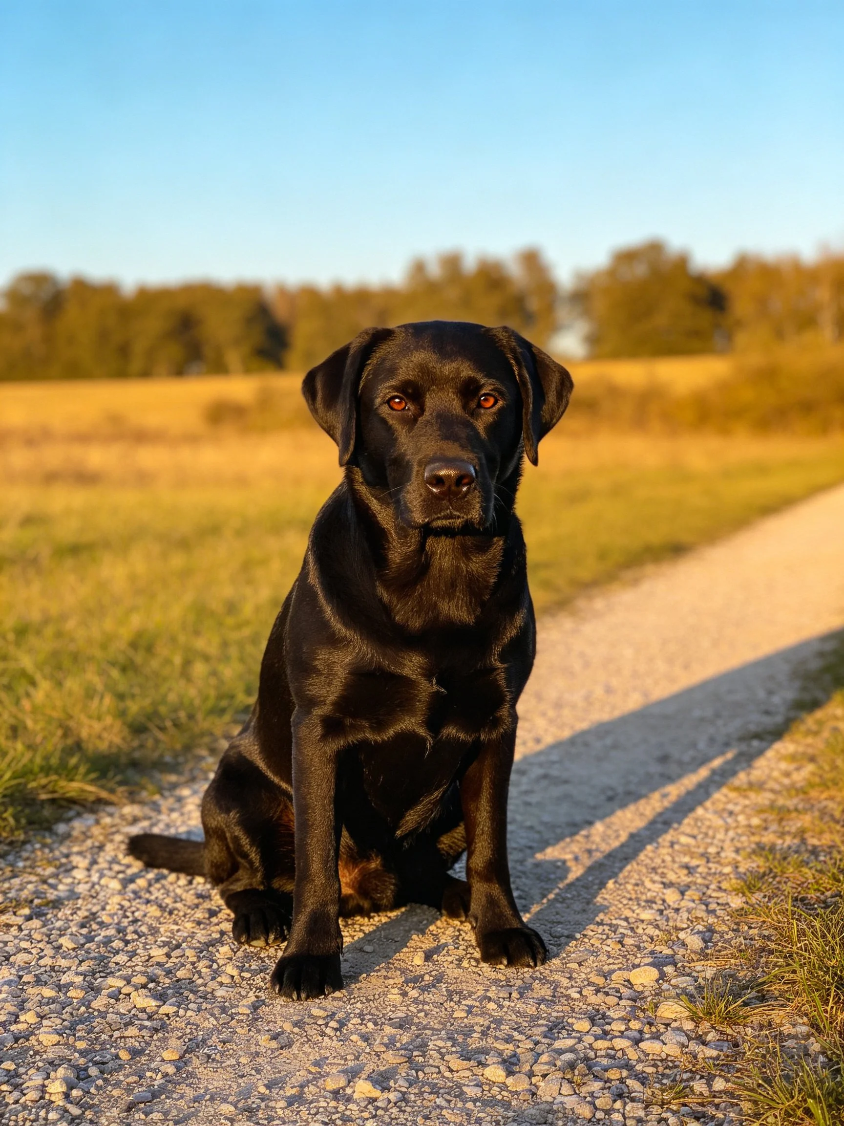 A black Labrador sits on a gravel path near golden fields