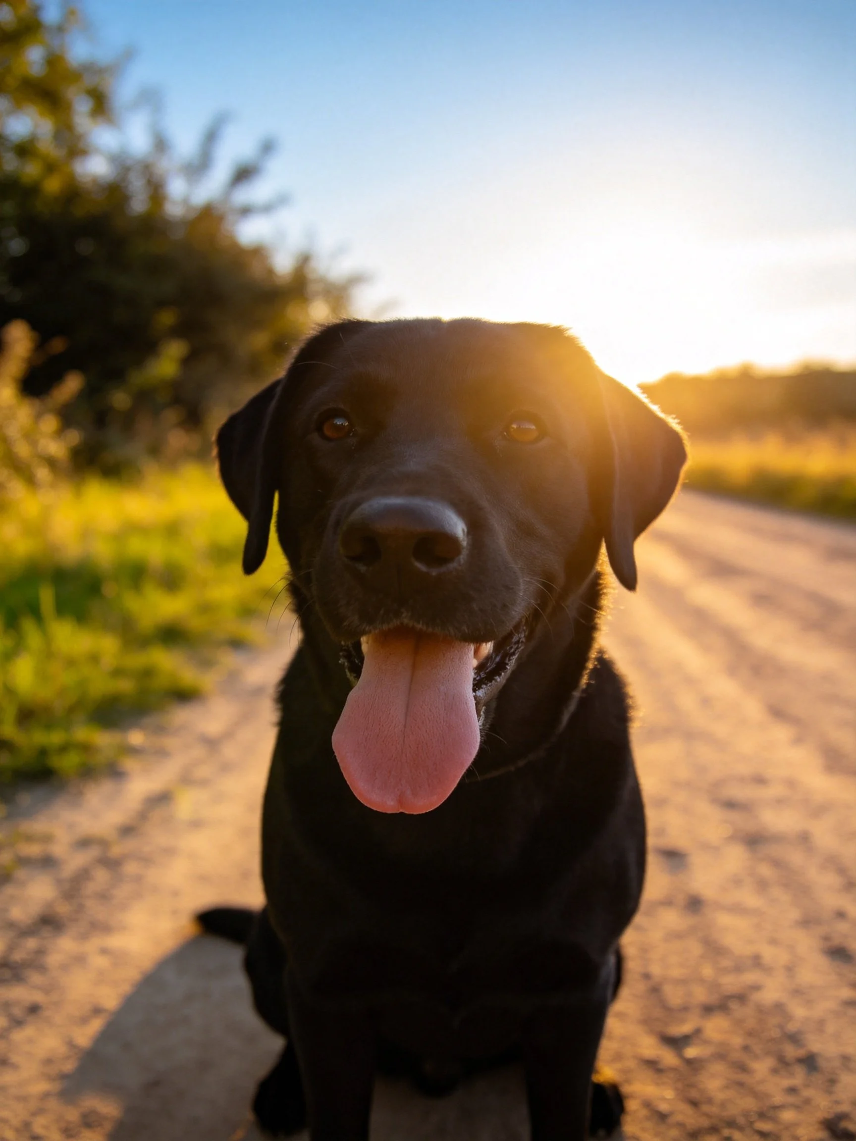 A black Labrador sits contentedly on a dirt road as the sun sets.