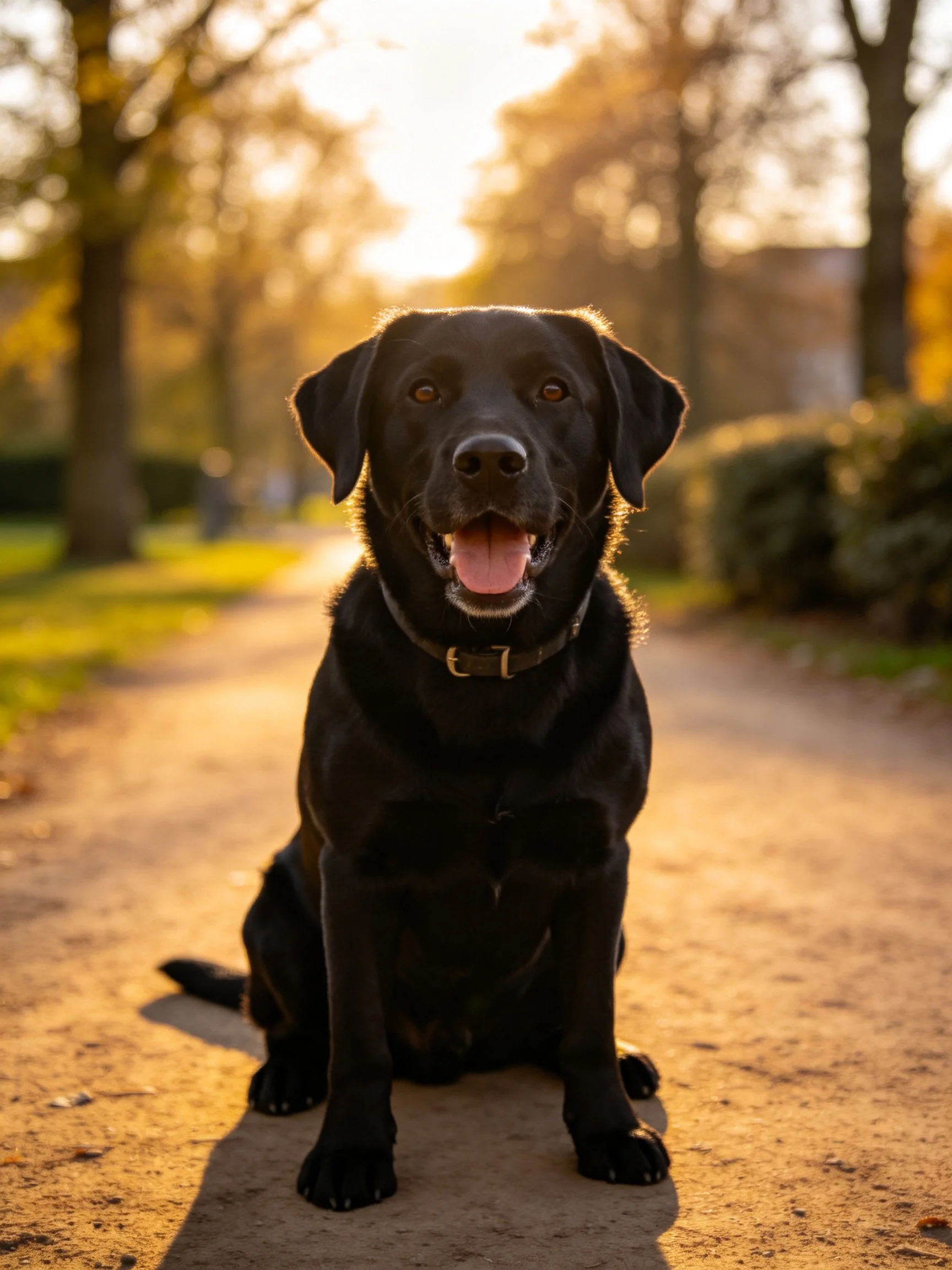 A black Labrador sitting on a sunlit park path