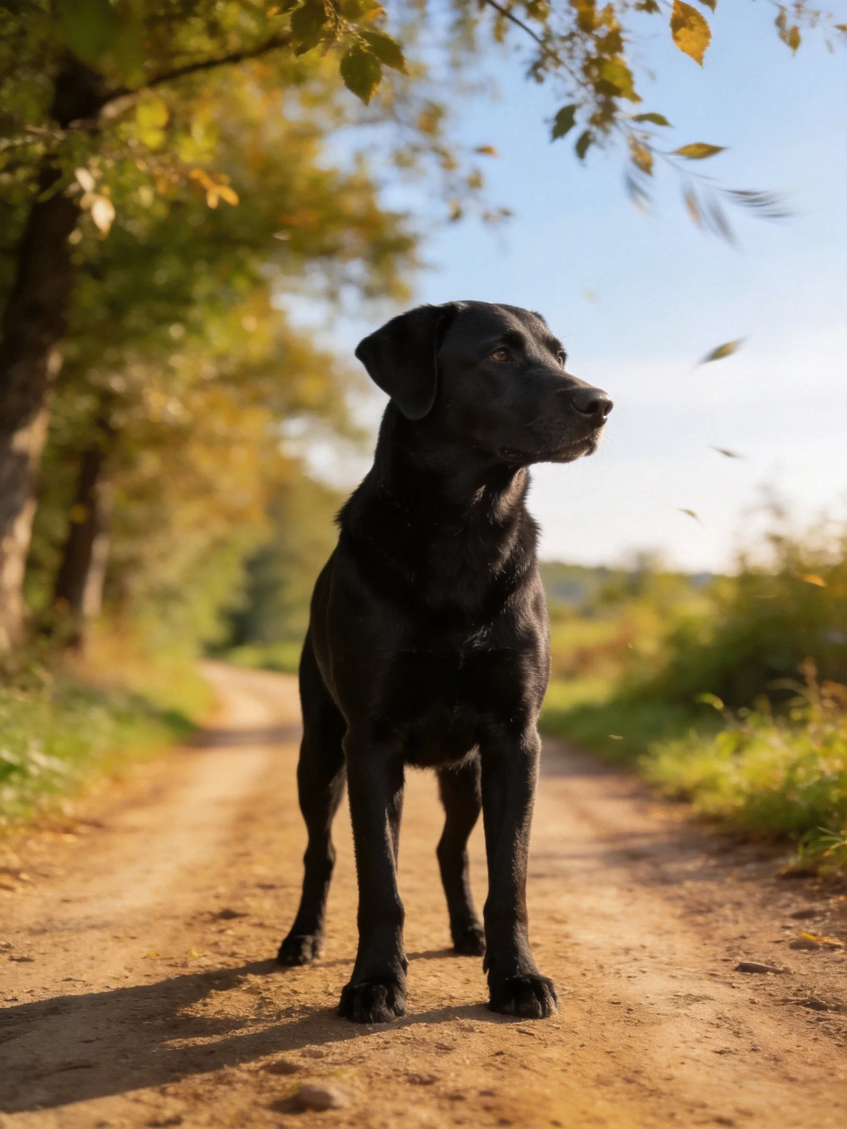 A black Labrador stands on a sunlit dirt path in an autumnal countryside setting.