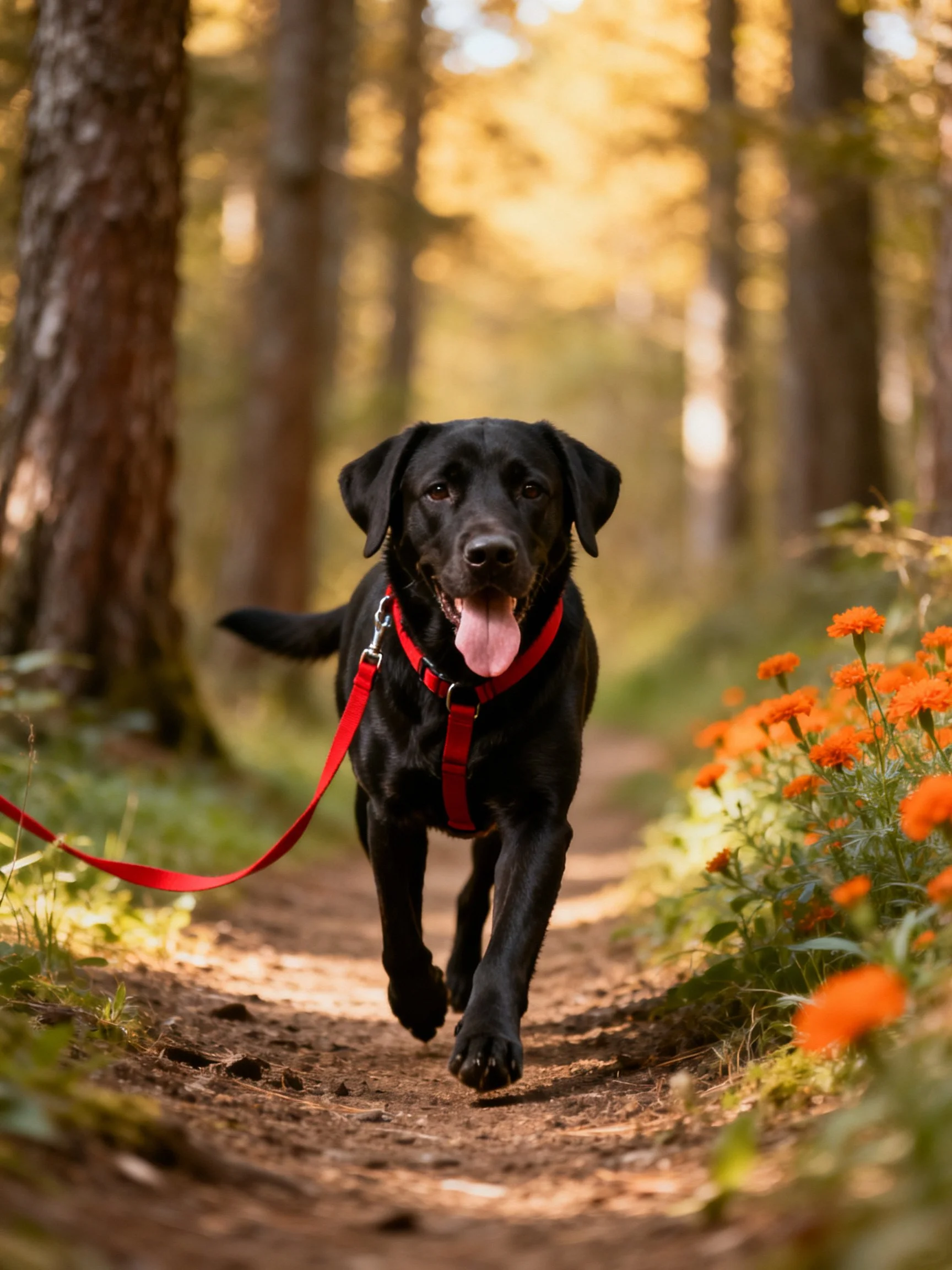 A black Labrador enjoys a walk along a forest path lined with orange flowers.