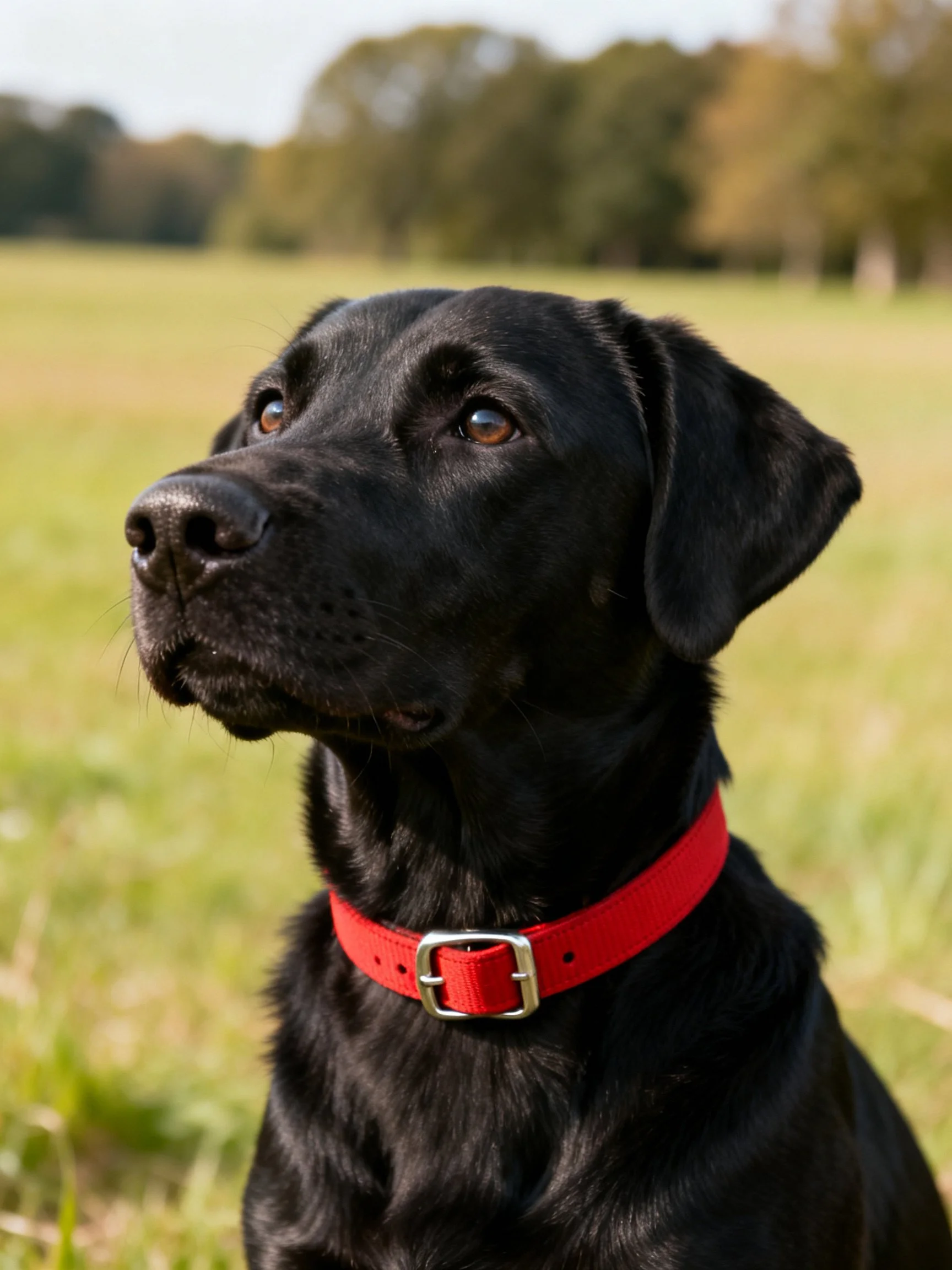 A black Labrador with a red collar looks attentively in a sunny outdoor setting.