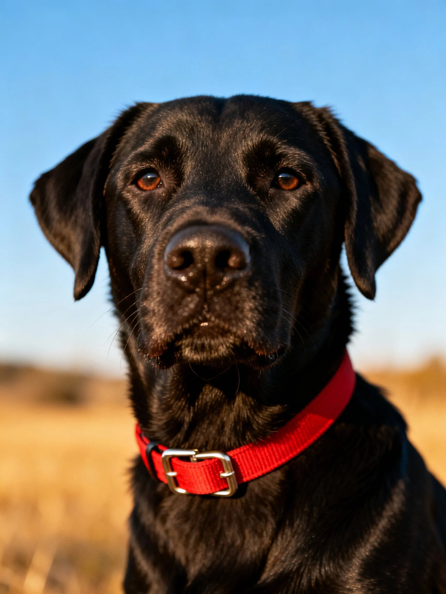 A black Labrador with a red collar is photographed outdoors near a clear sky.