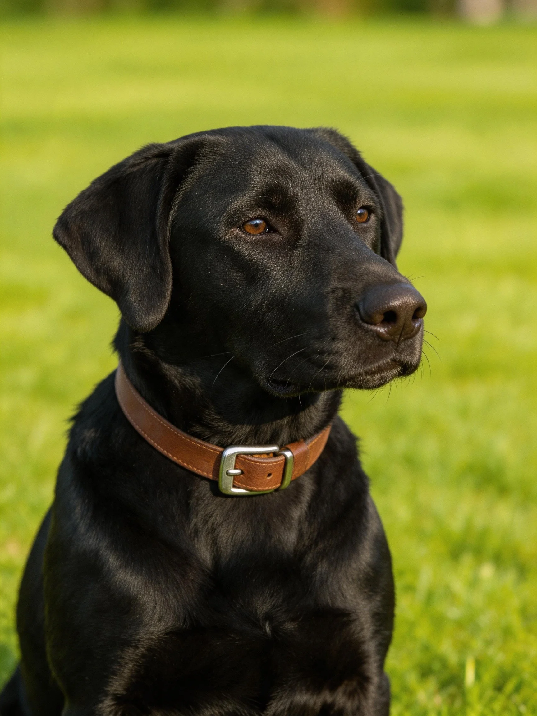 A black Labrador with a brown collar sits on green grass.