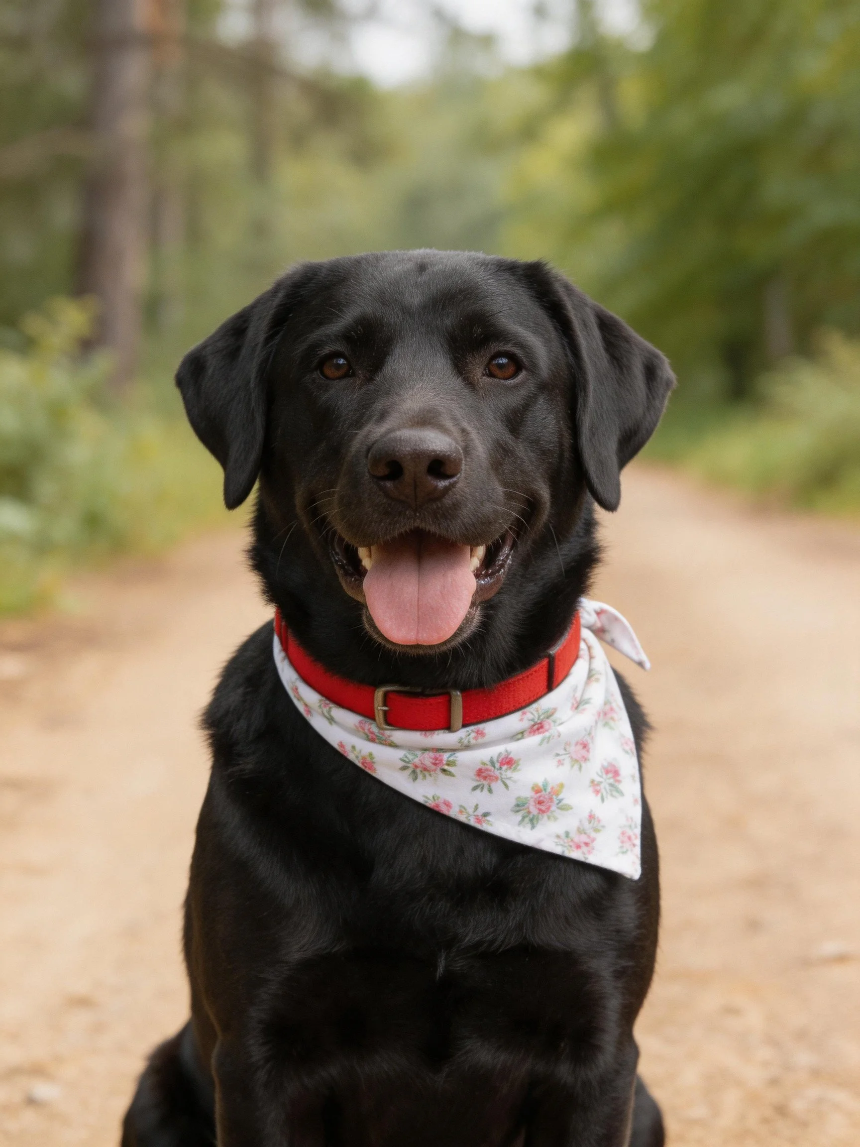 A black Labrador wearing a floral bandana and red collar outdoors