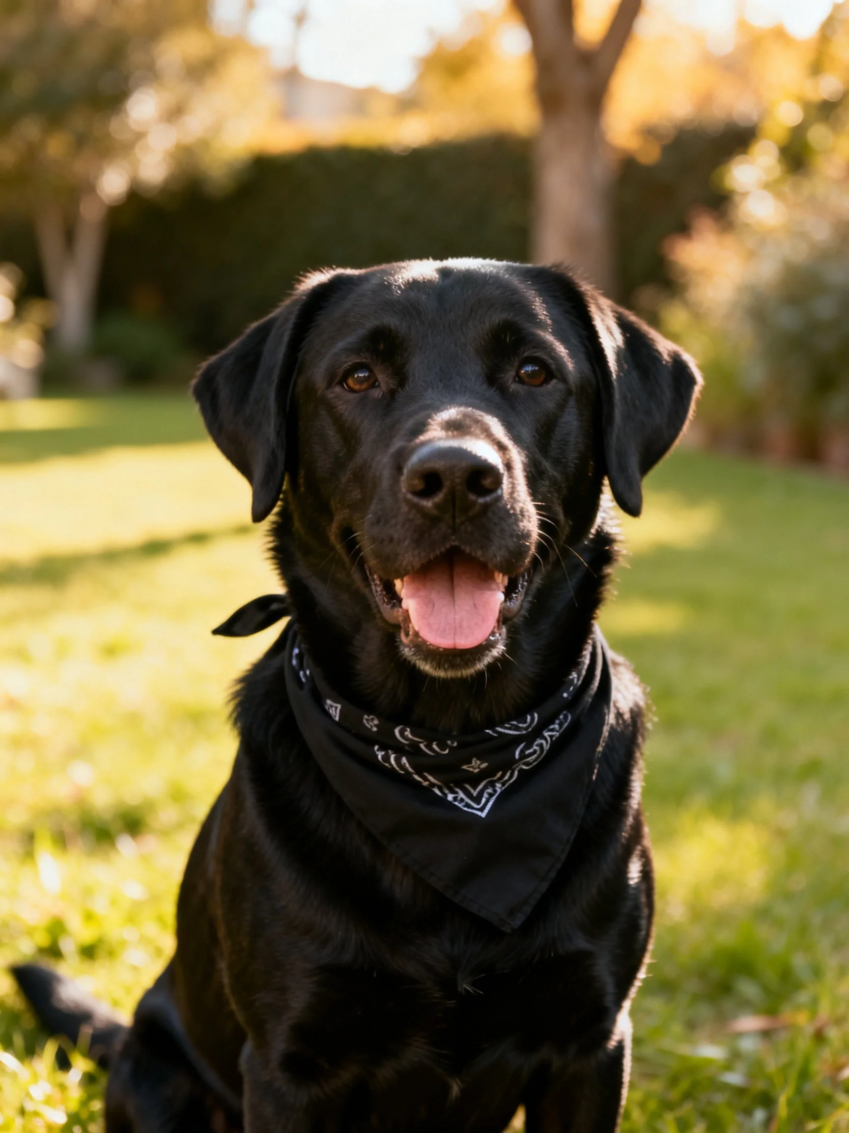 A black Labrador with a bandana sits contentedly in a sunlit outdoor setting.