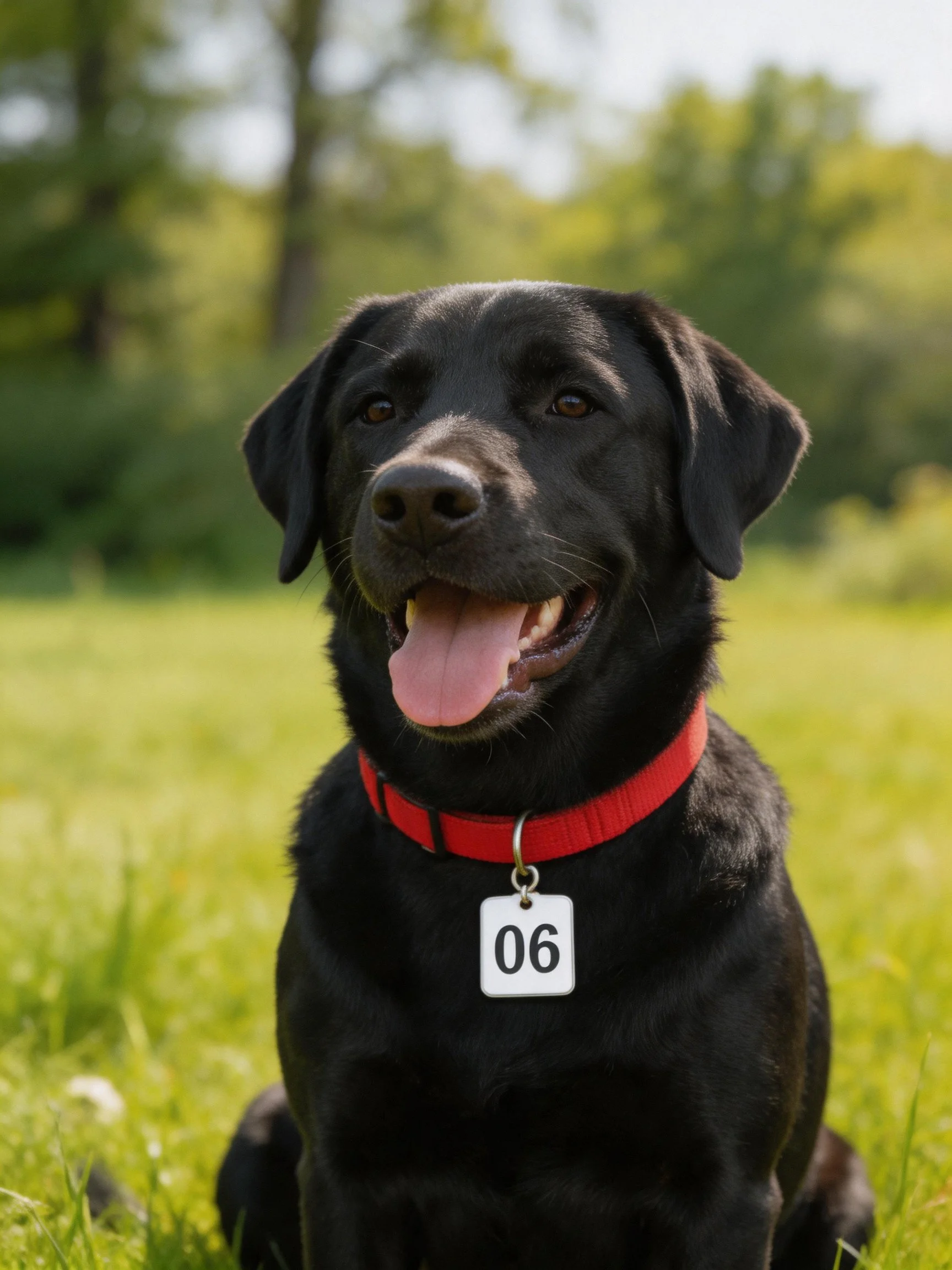 A black Labrador wearing a red collar sits in a grassy field with a 06 tag