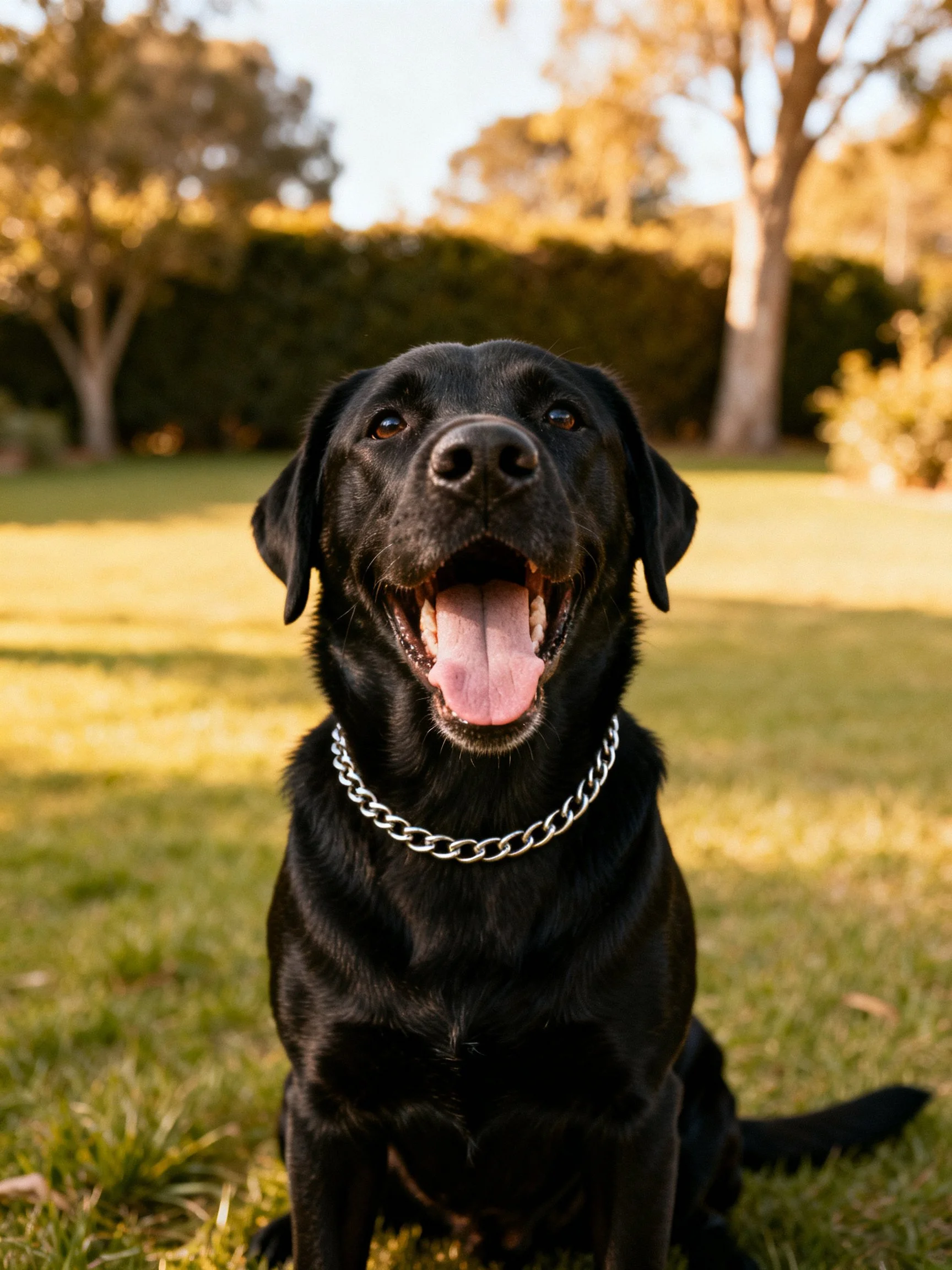 A cheerful black Labrador with a silver chain collar sits on grass in a sunny outdoor setting.
