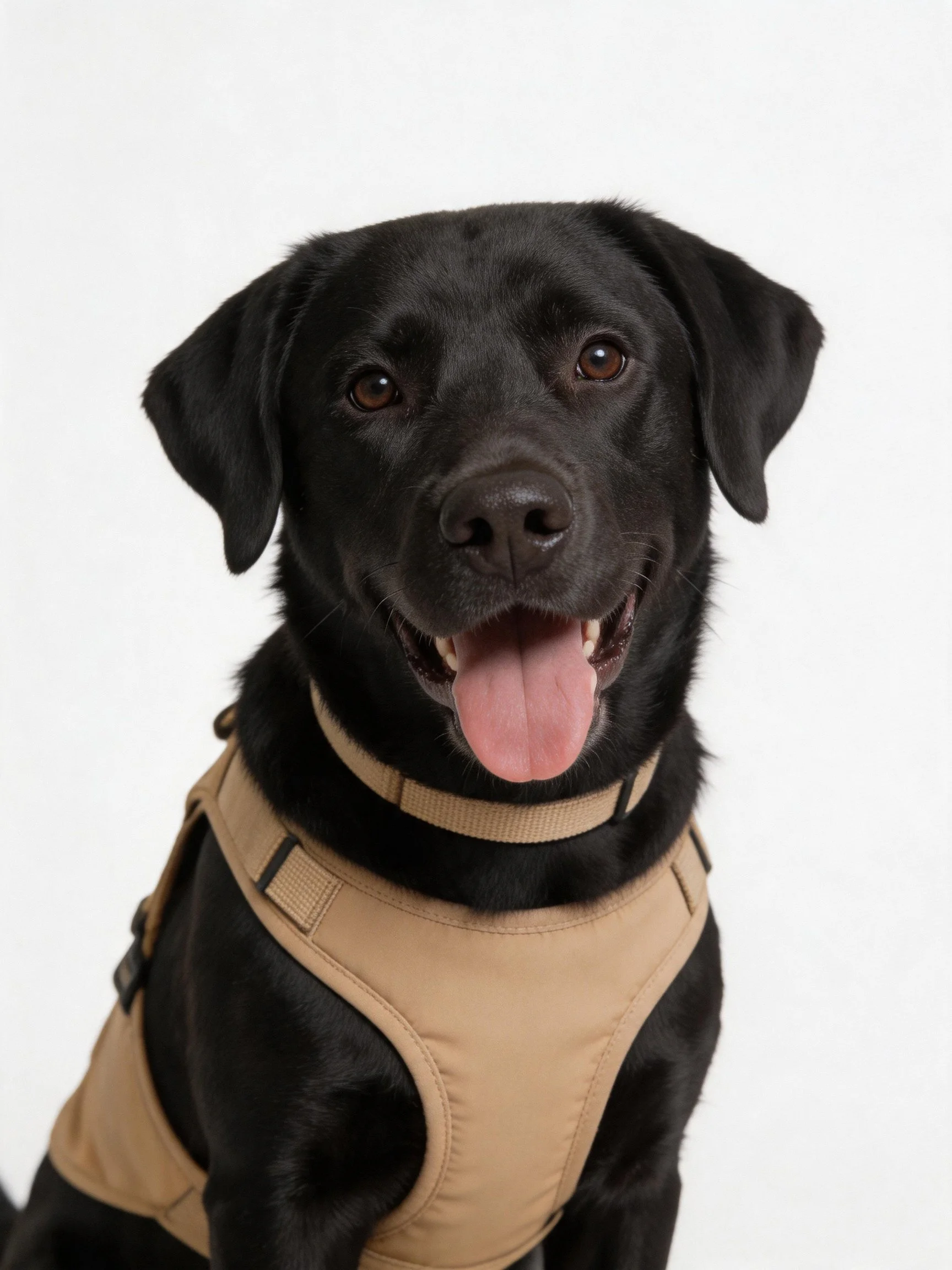 A black Labrador wearing a tan harness, mouth open, eyes bright.