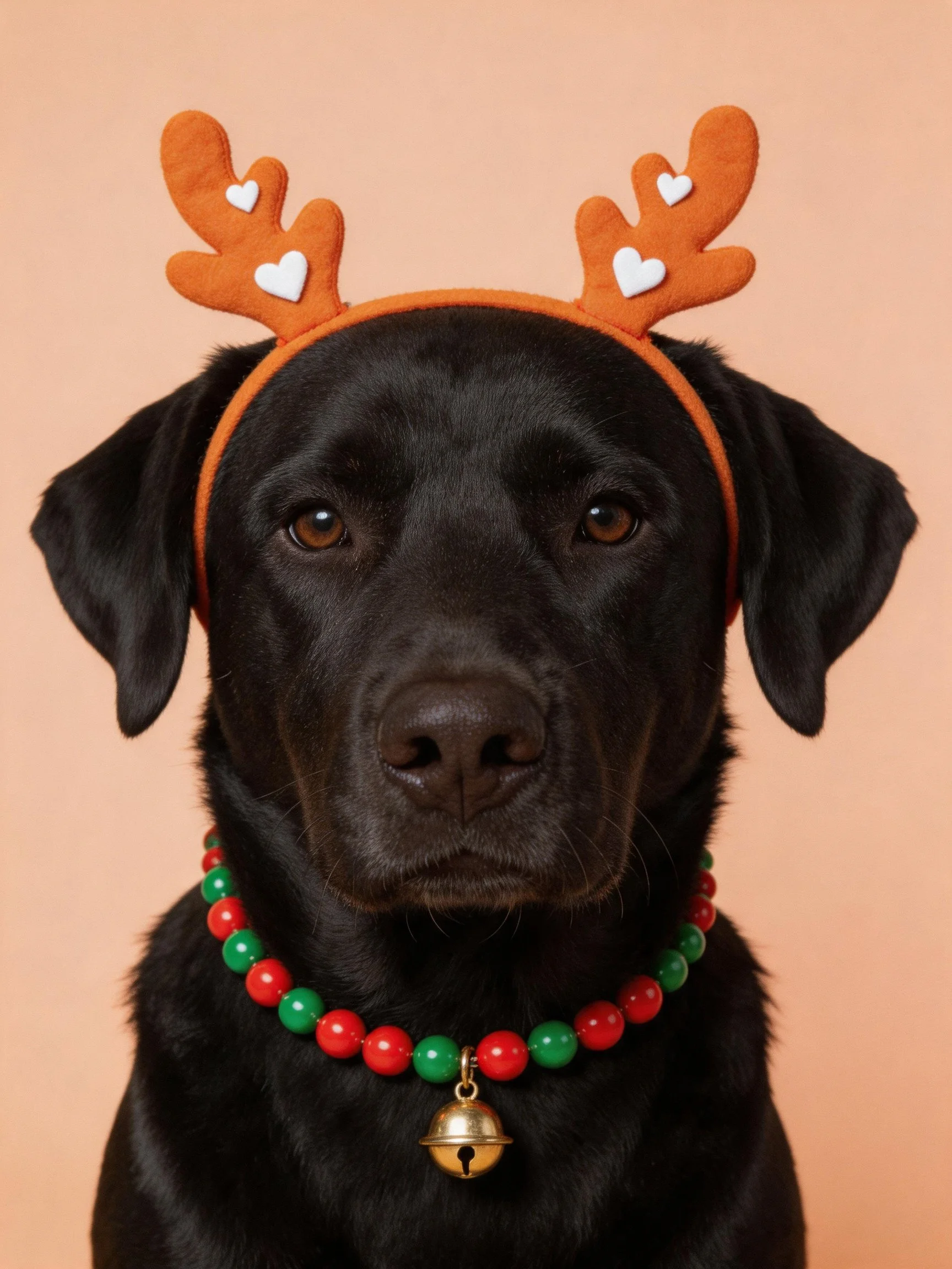 A black Labrador is decorated with an orange reindeer antler headband and red-green beaded necklace.