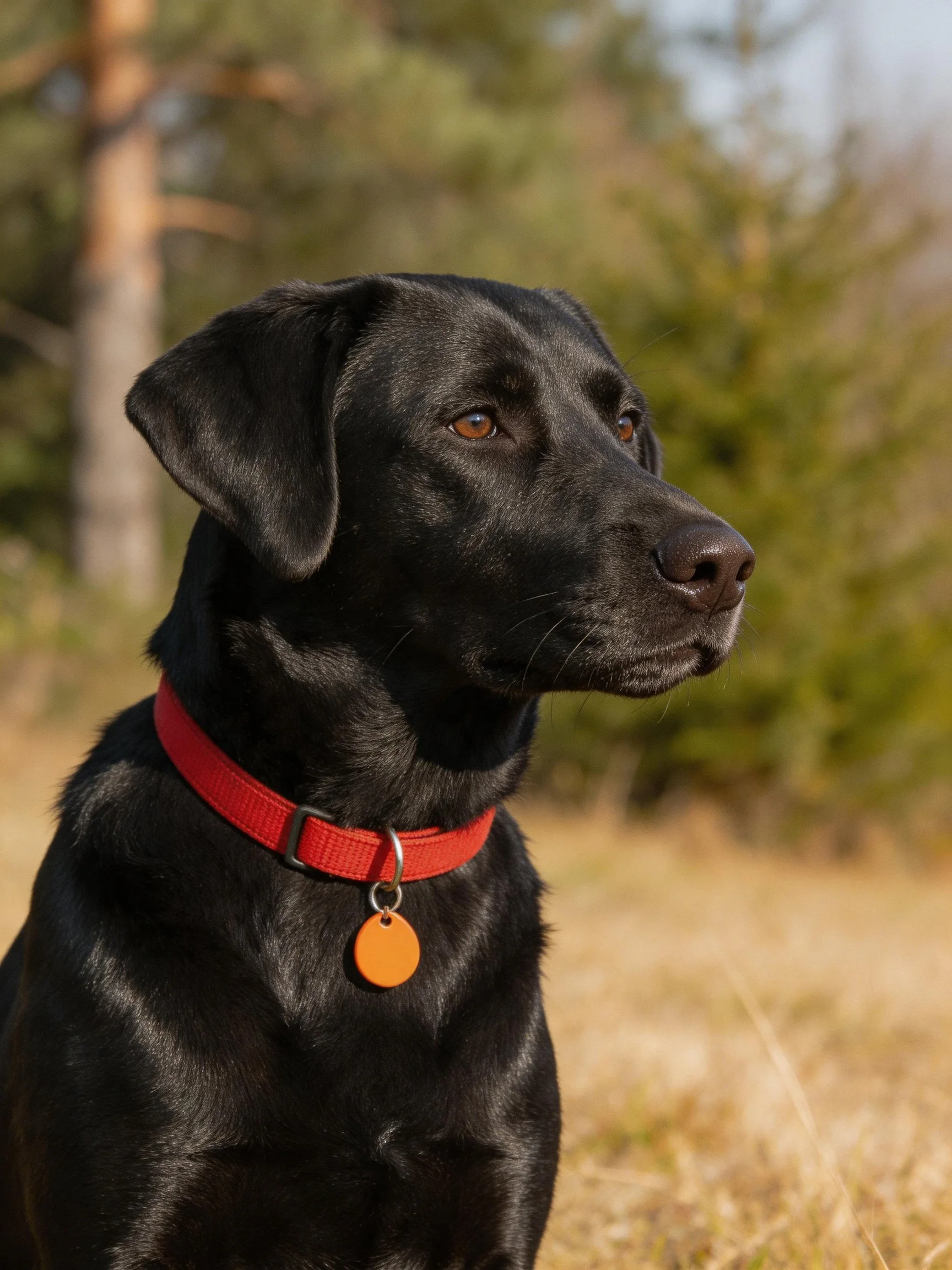 A black Labrador wearing a red collar is outdoors near trees and grass.