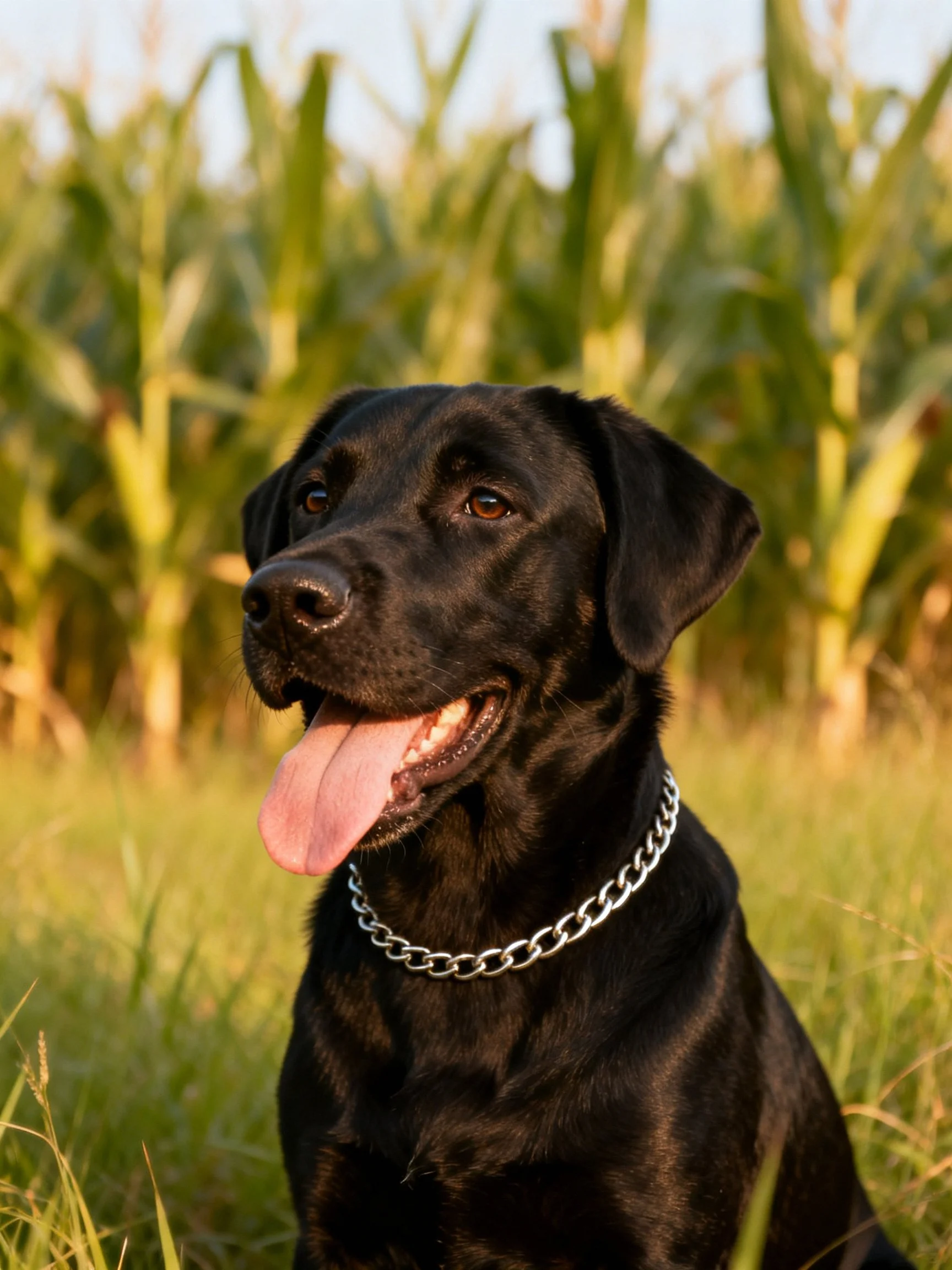 A black Labrador with a silver chain collar in a cornfield
