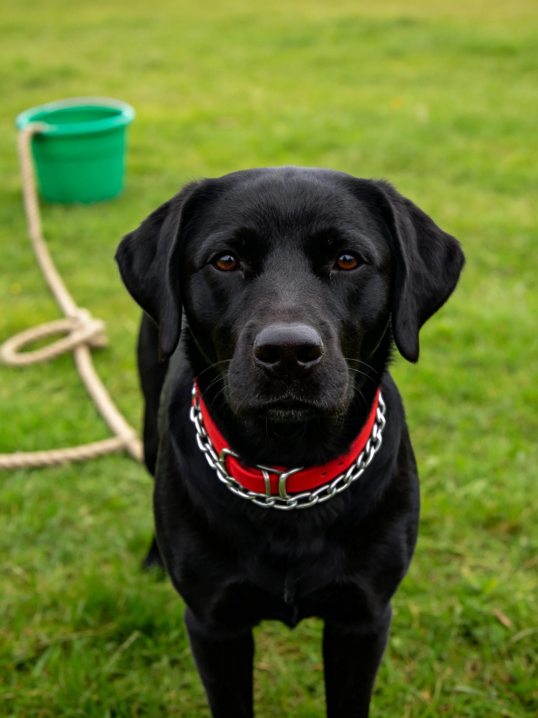 A black Labrador with a red collar stands outdoors beside a green bucket.