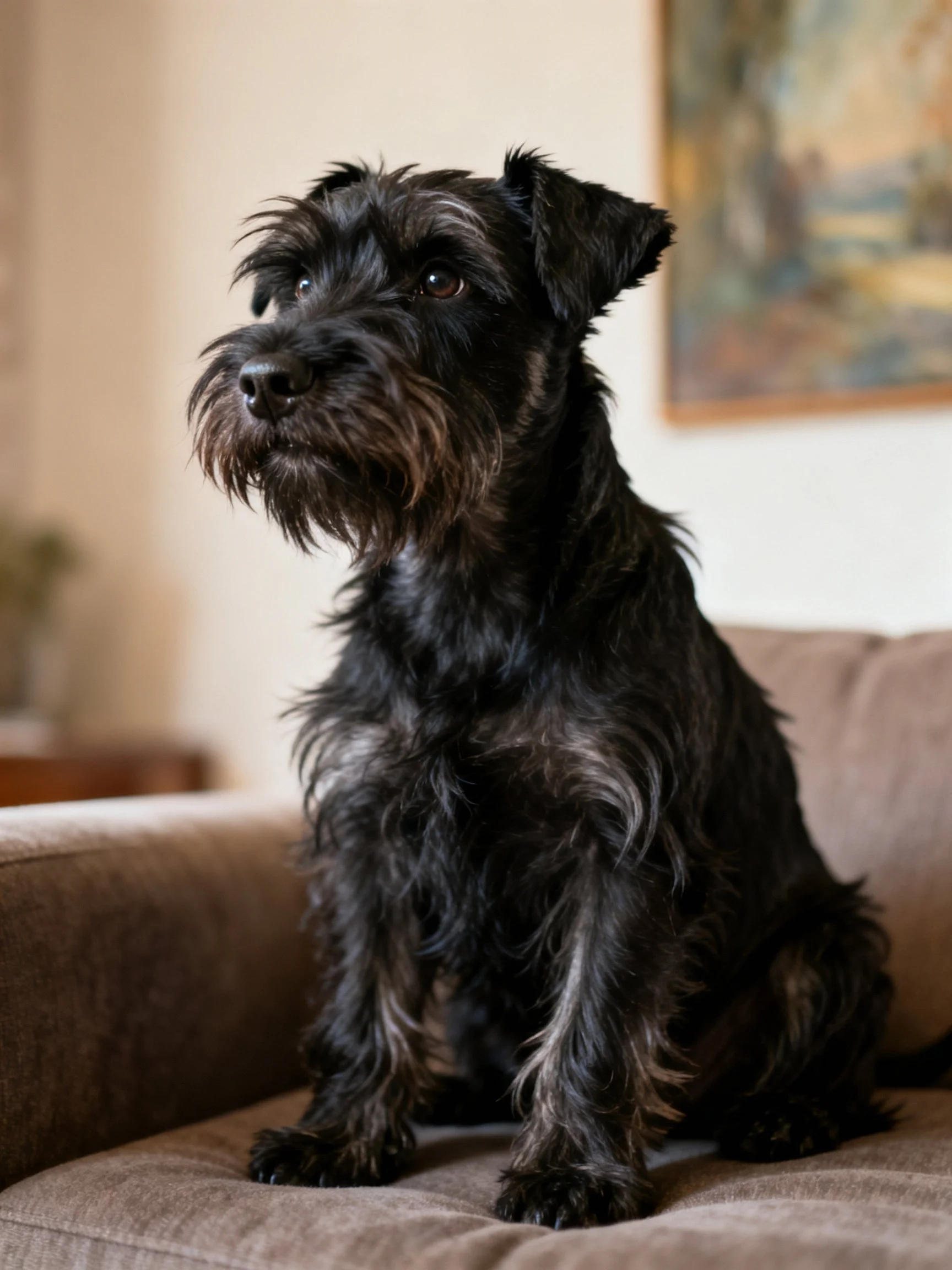 A black Schnauzer sits attentively on a brown couch indoors