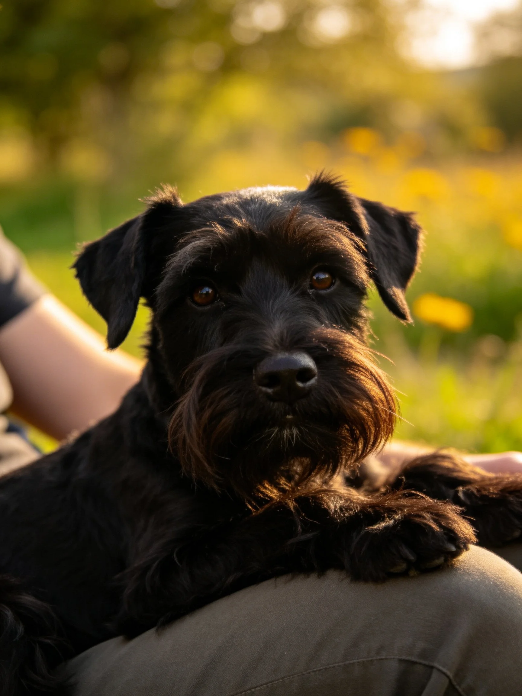 A black Schnauzer sits on a person’s lap in a sunlit meadow