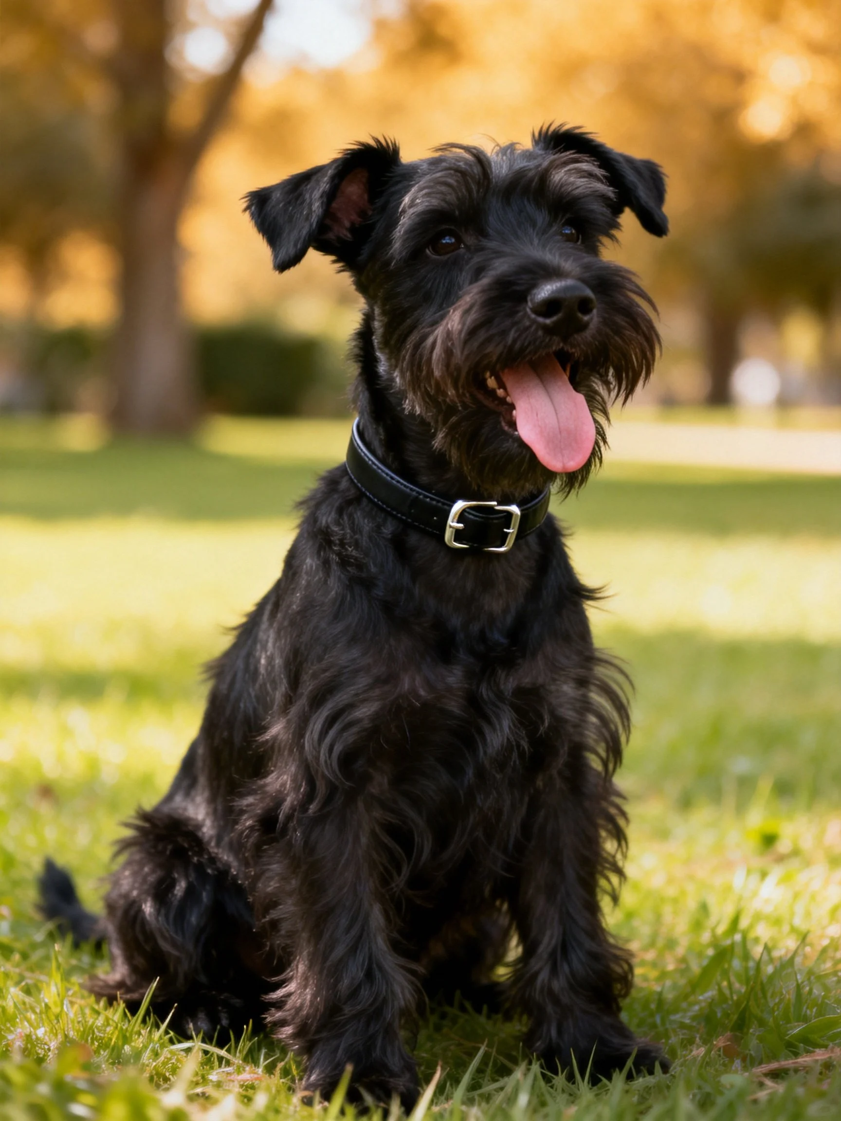 A black Schnauzer sits on grass in a sunlit park area