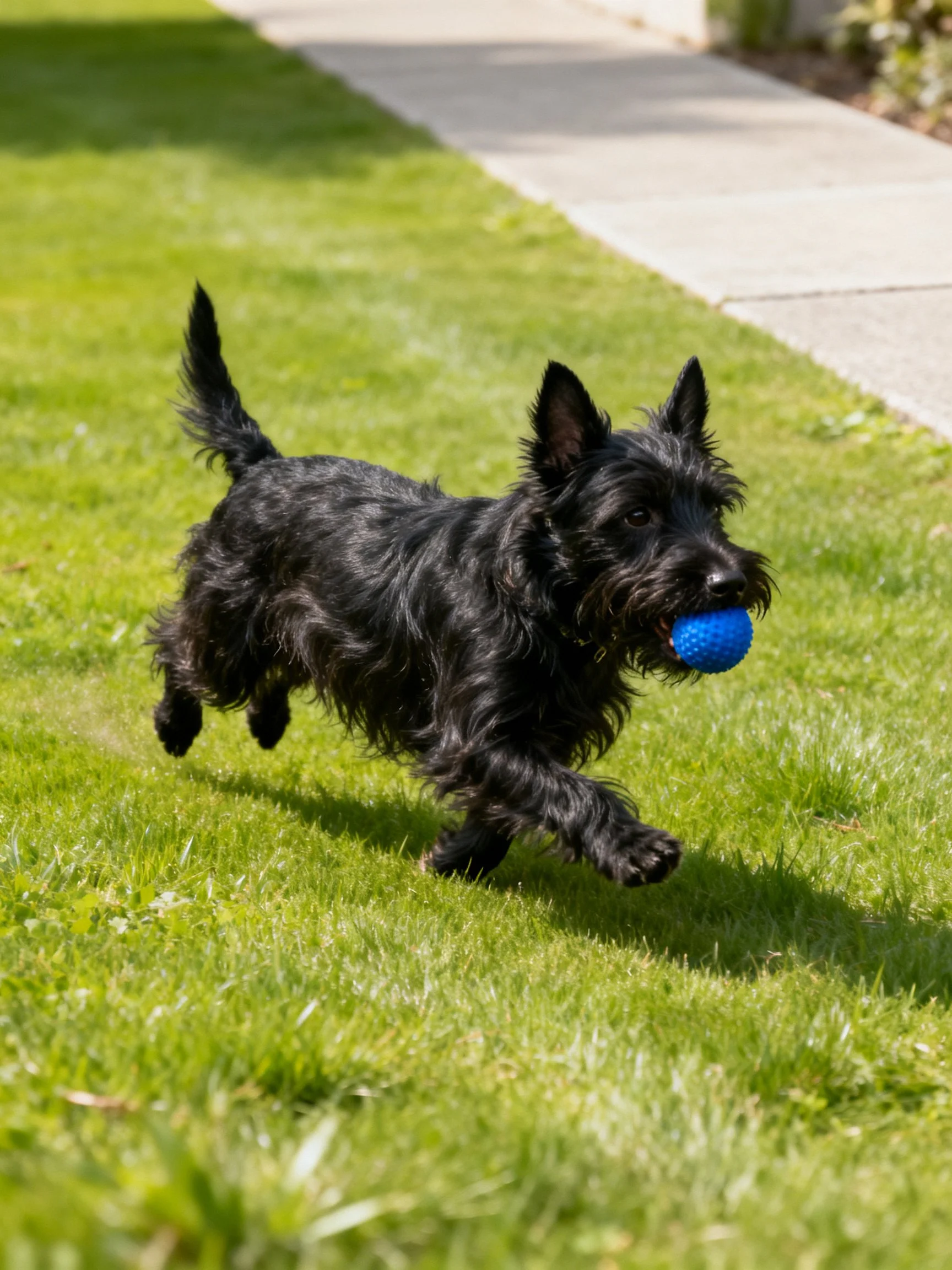 A black Scottish Terrier runs on green grass with a blue ball