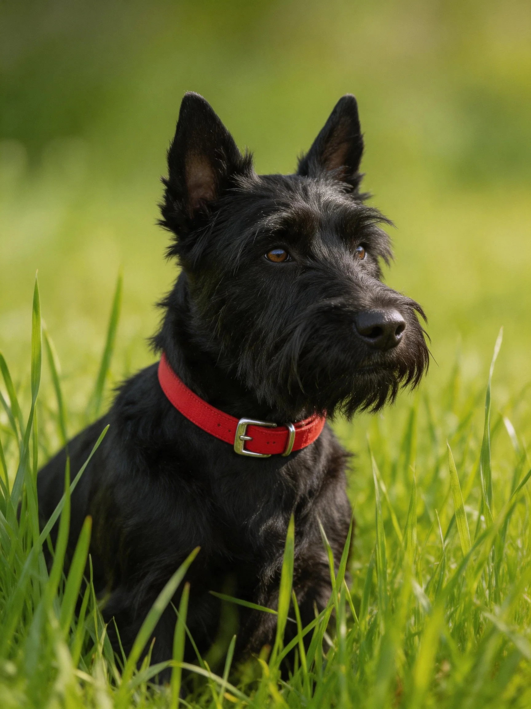 A black Scottish Terrier with a red collar sits in tall green grass