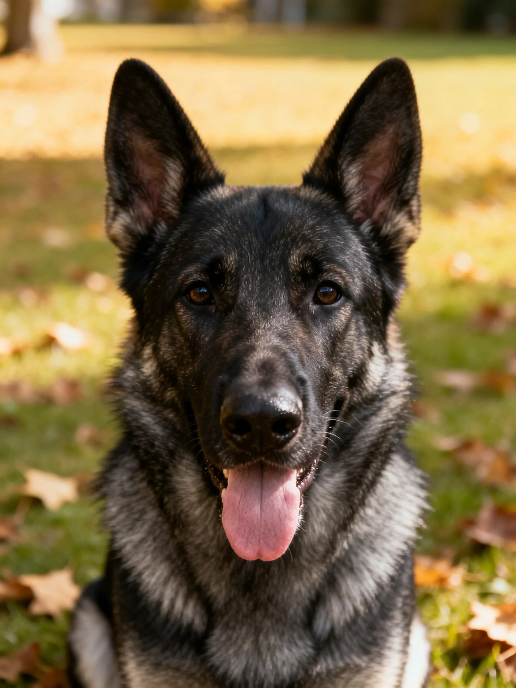A German Shepherd dog sits outdoors near fallen leaves.