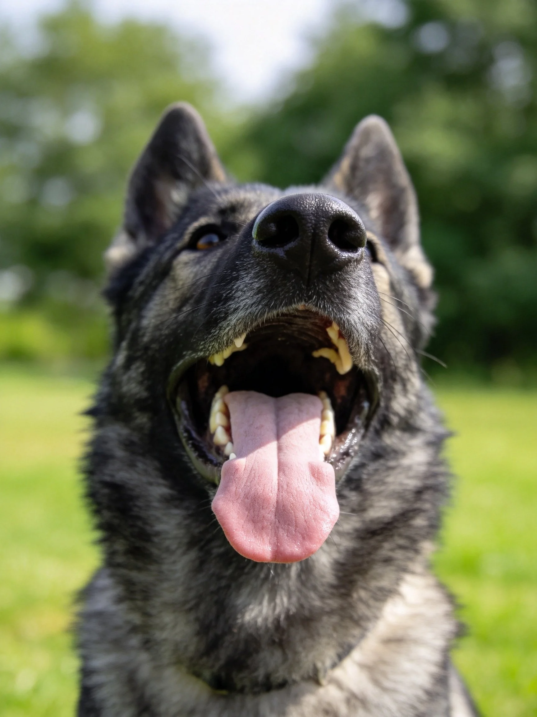 A German Shepherd pants happily with its mouth open