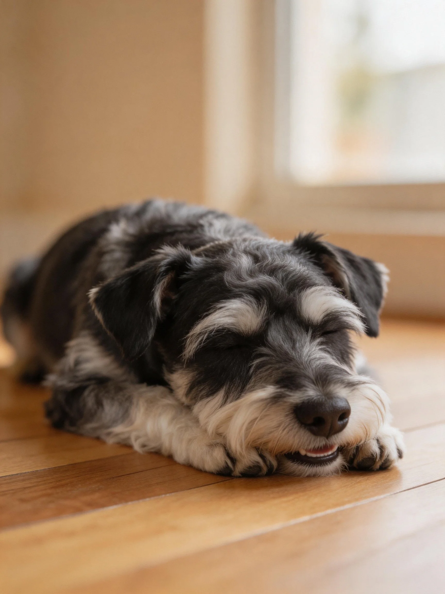 A black and gray Schnauzer rests on a polished wooden floor