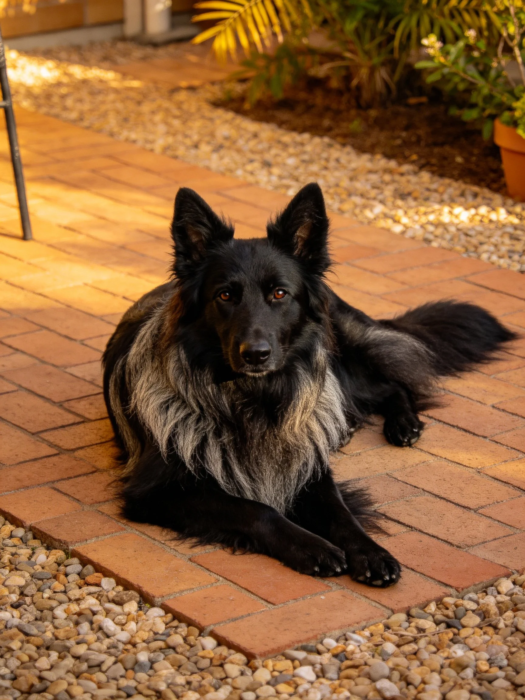 A black and gray dog lies on a brick patio with pebbles nearby
