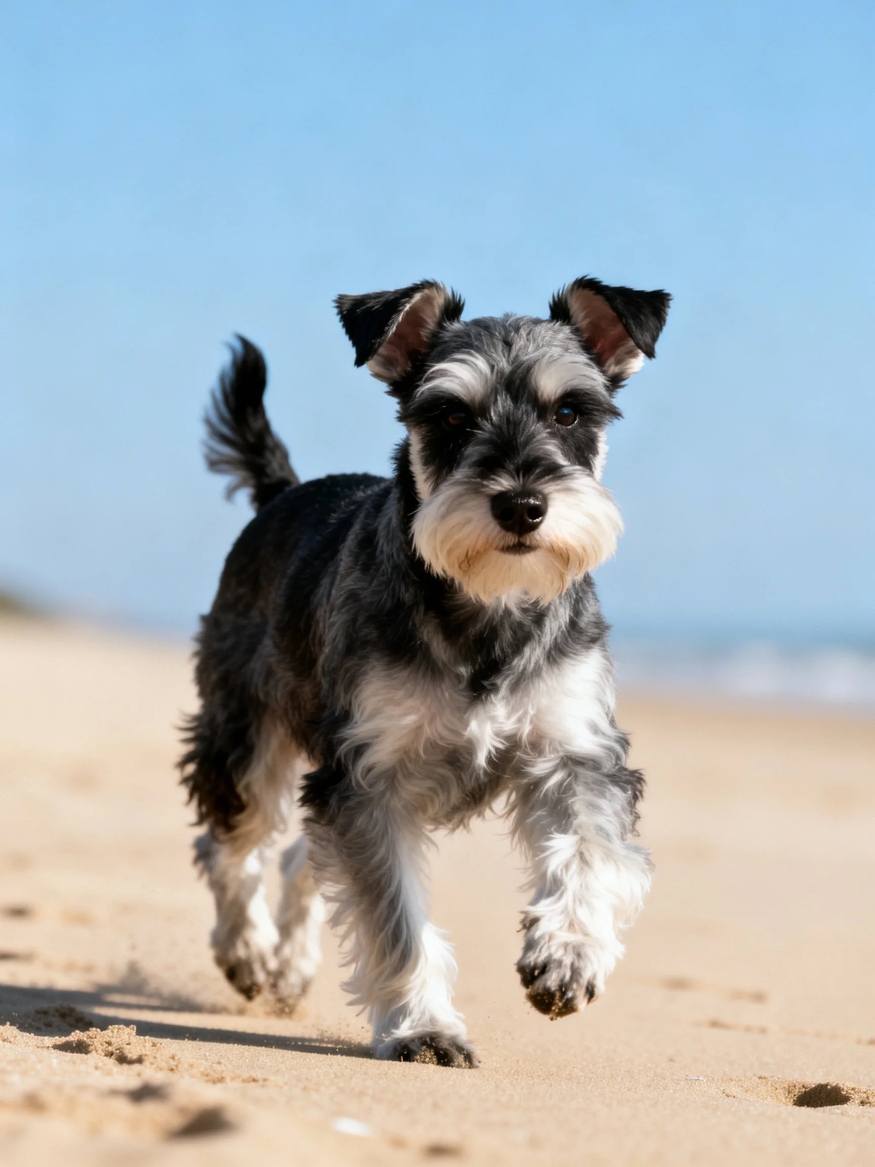 A black and gray dog runs joyfully on a sandy beach