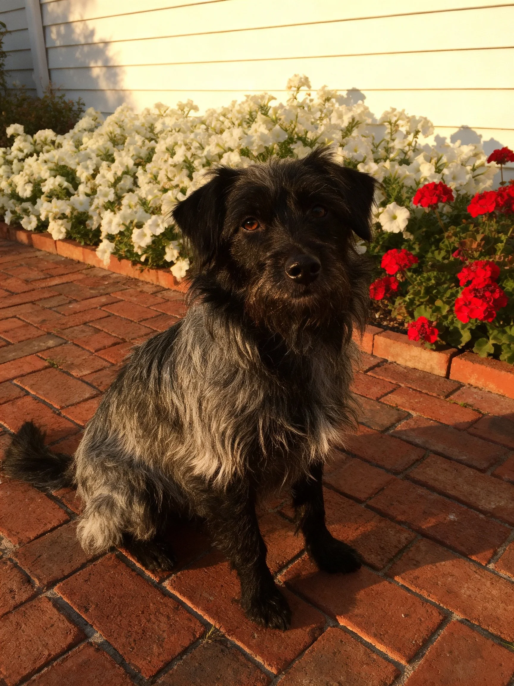 A dog sits near colorful flower beds on a brick patio.