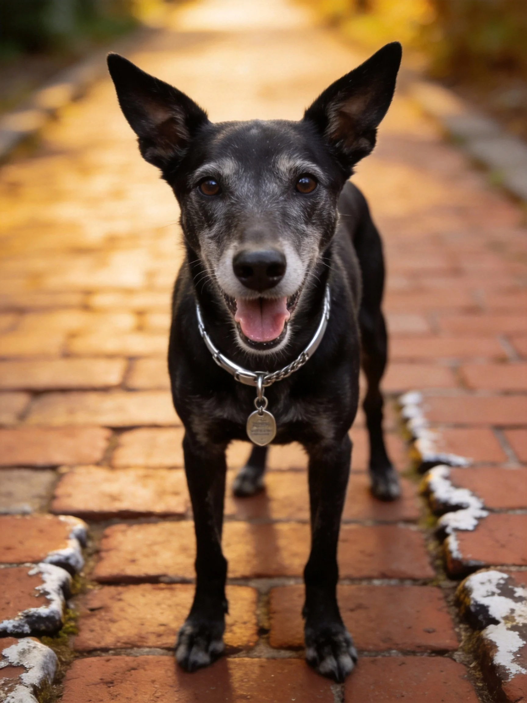 A black and gray dog stands on a brick pathway lit by warm light.