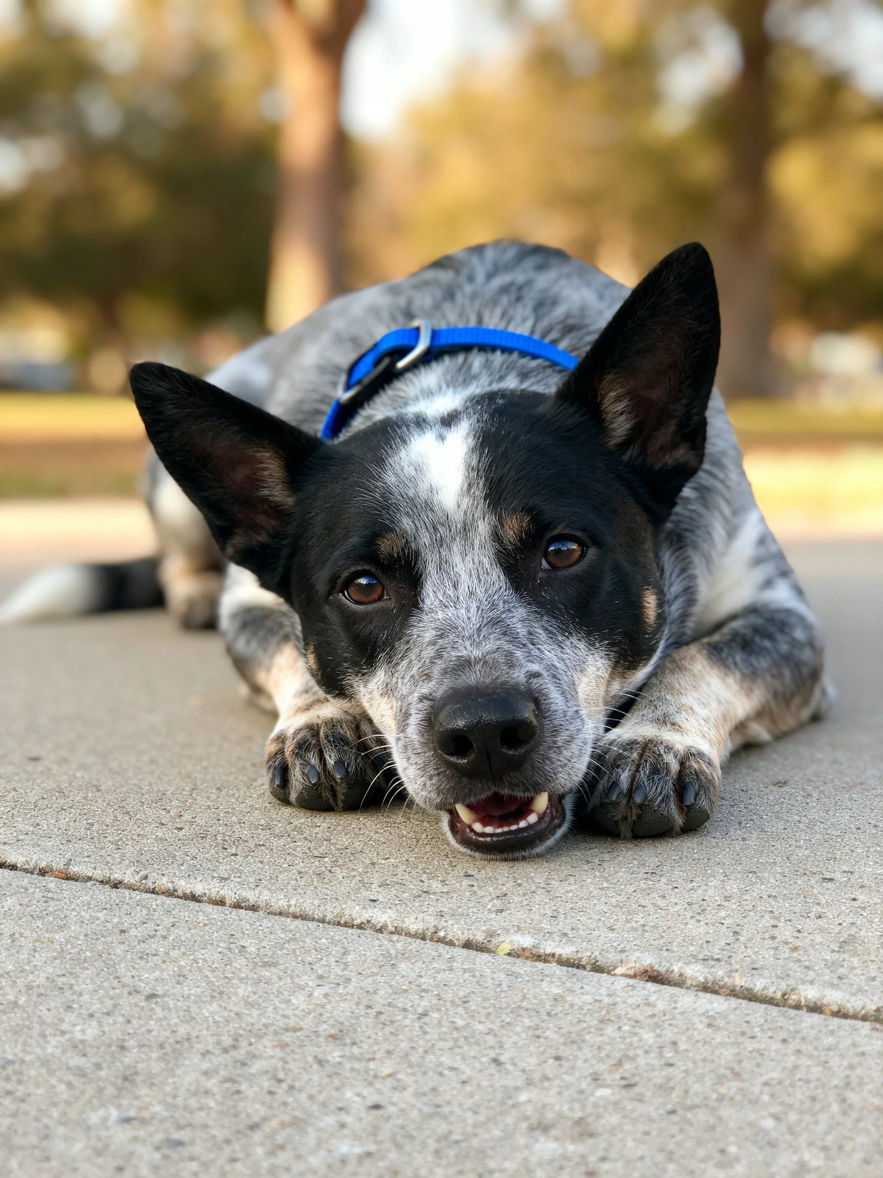 A black-and-gray dog with a blue collar relaxes on outdoor pavement