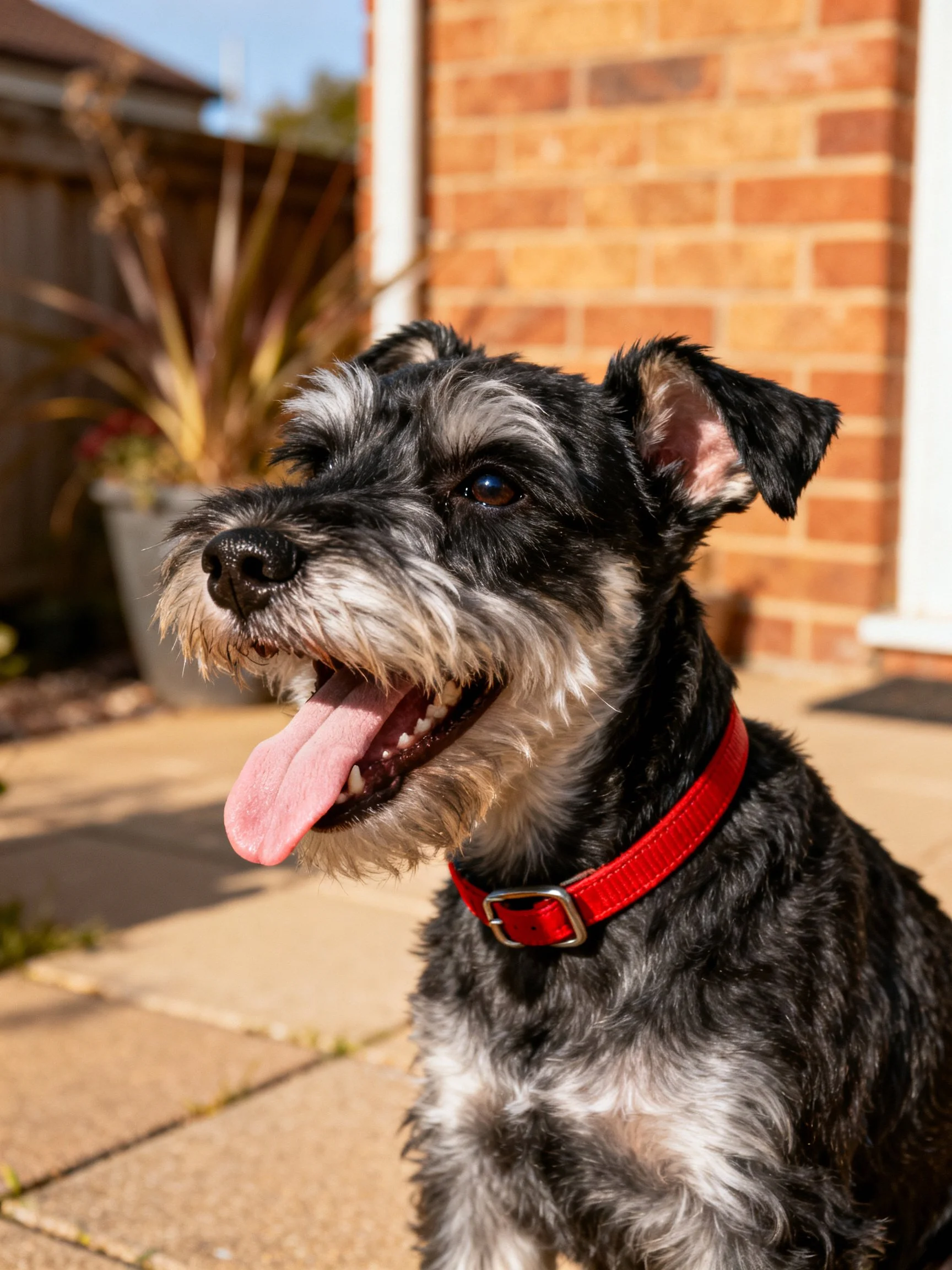 A black and gray dog with a red collar sits near a brick wall.