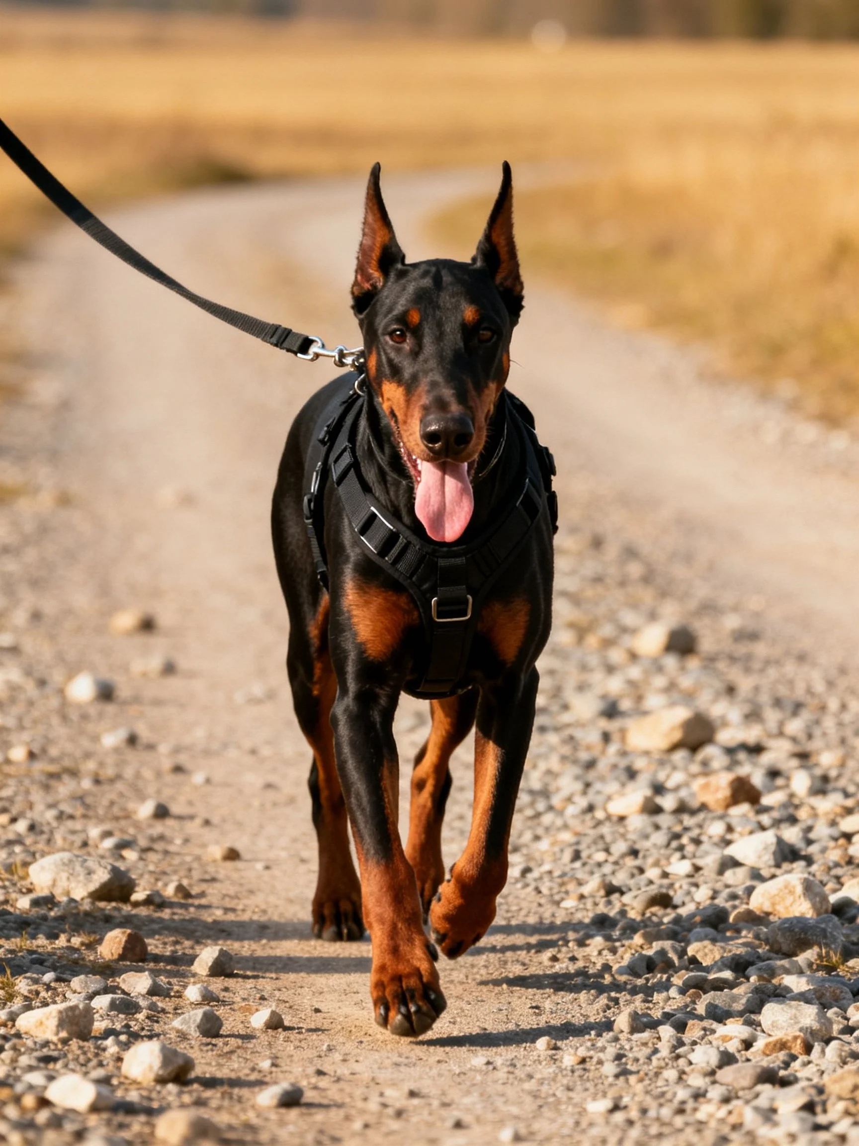 A black and rust Doberman walks confidently on a gravel path