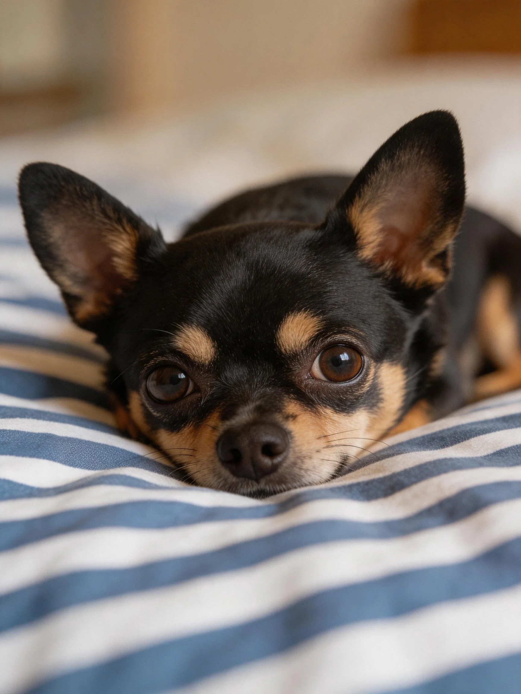 A small black and tan Chihuahua lies comfortably on striped bedding