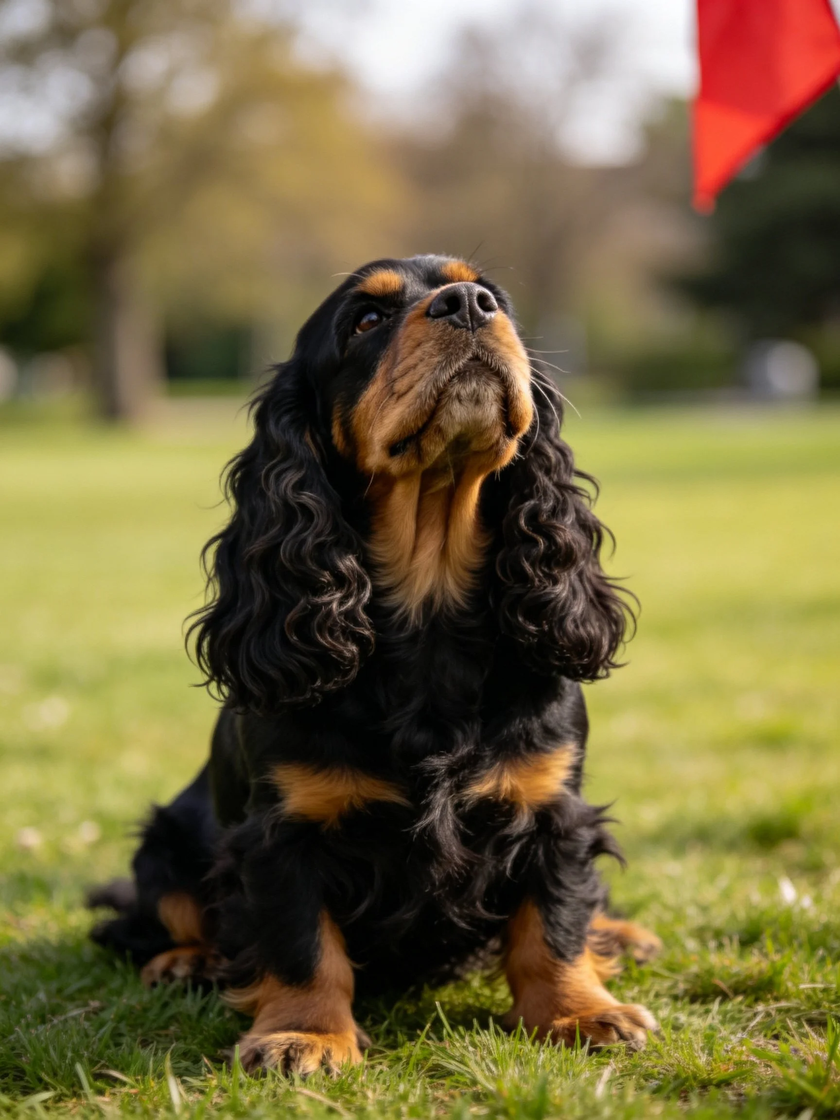 A black and tan Cocker Spaniel looks upward while seated on grass.