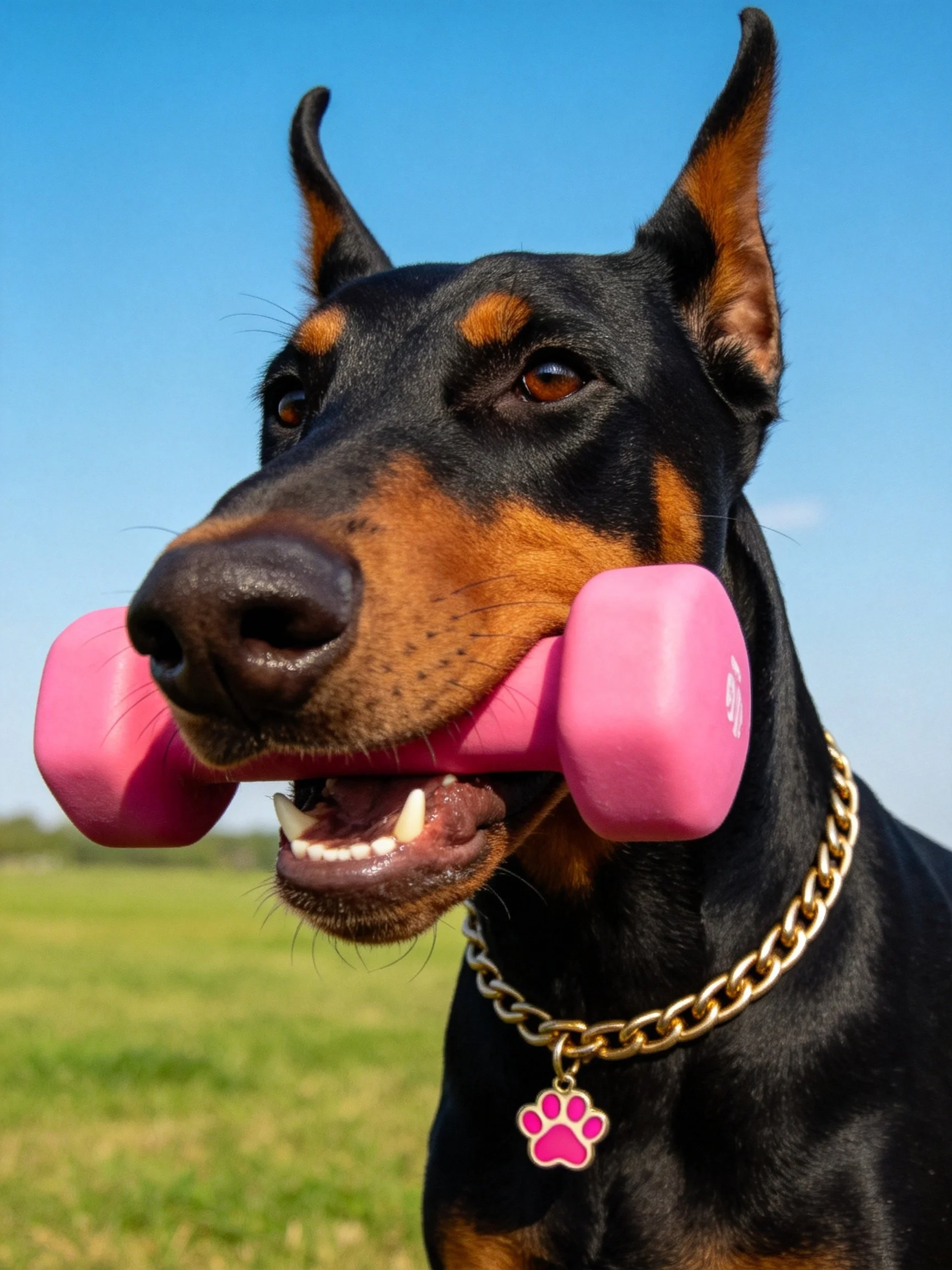 A black and tan Doberman carrying pink dumbbells in an open field