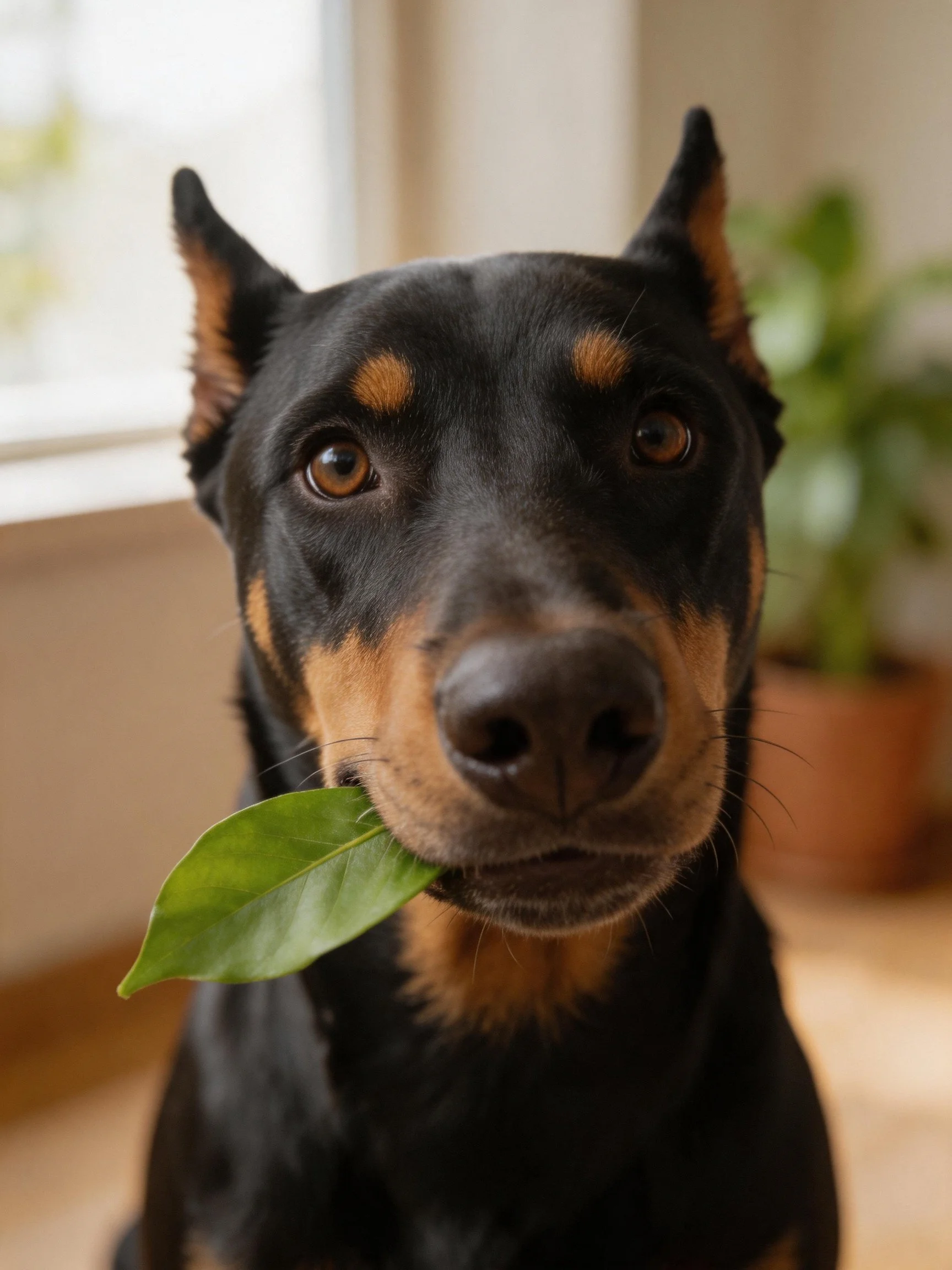 A black and tan Doberman holding a green leaf indoors