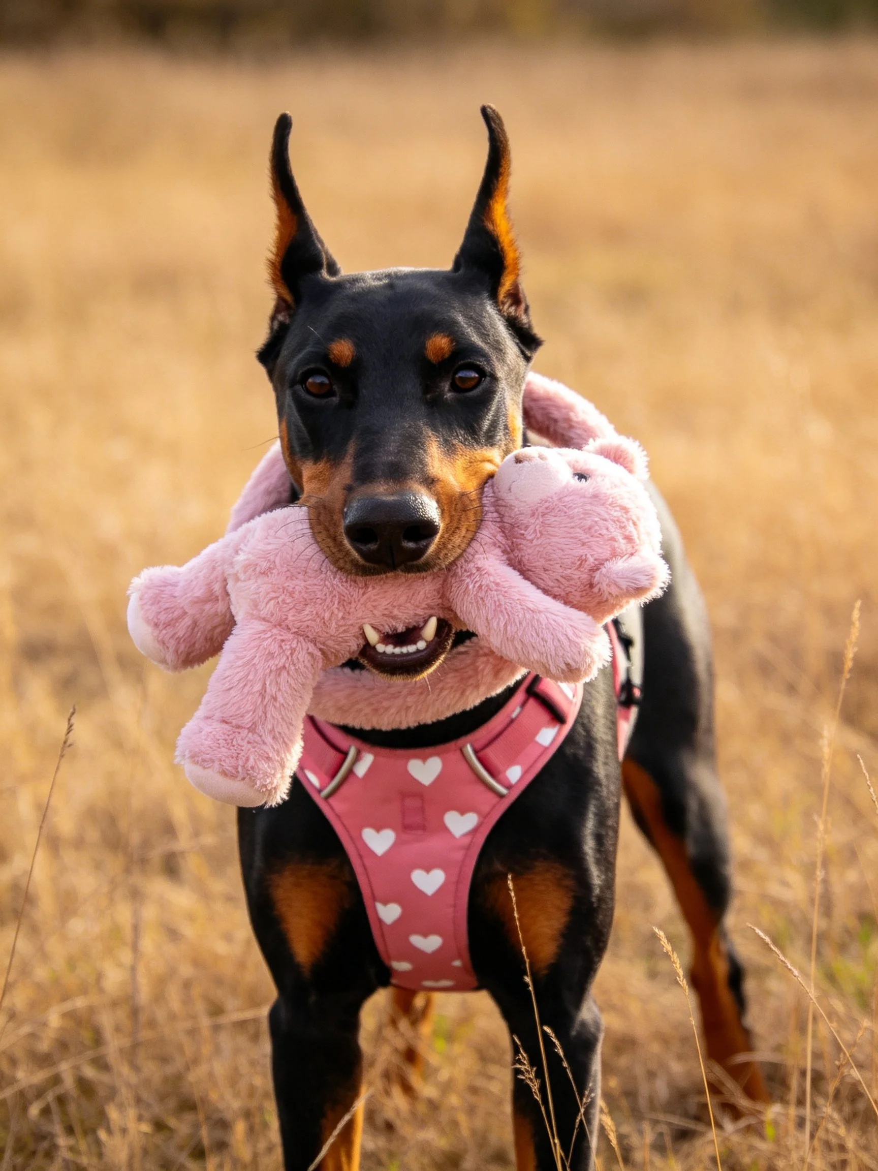A black and tan Doberman holds a pink heart-patterned stuffed animal