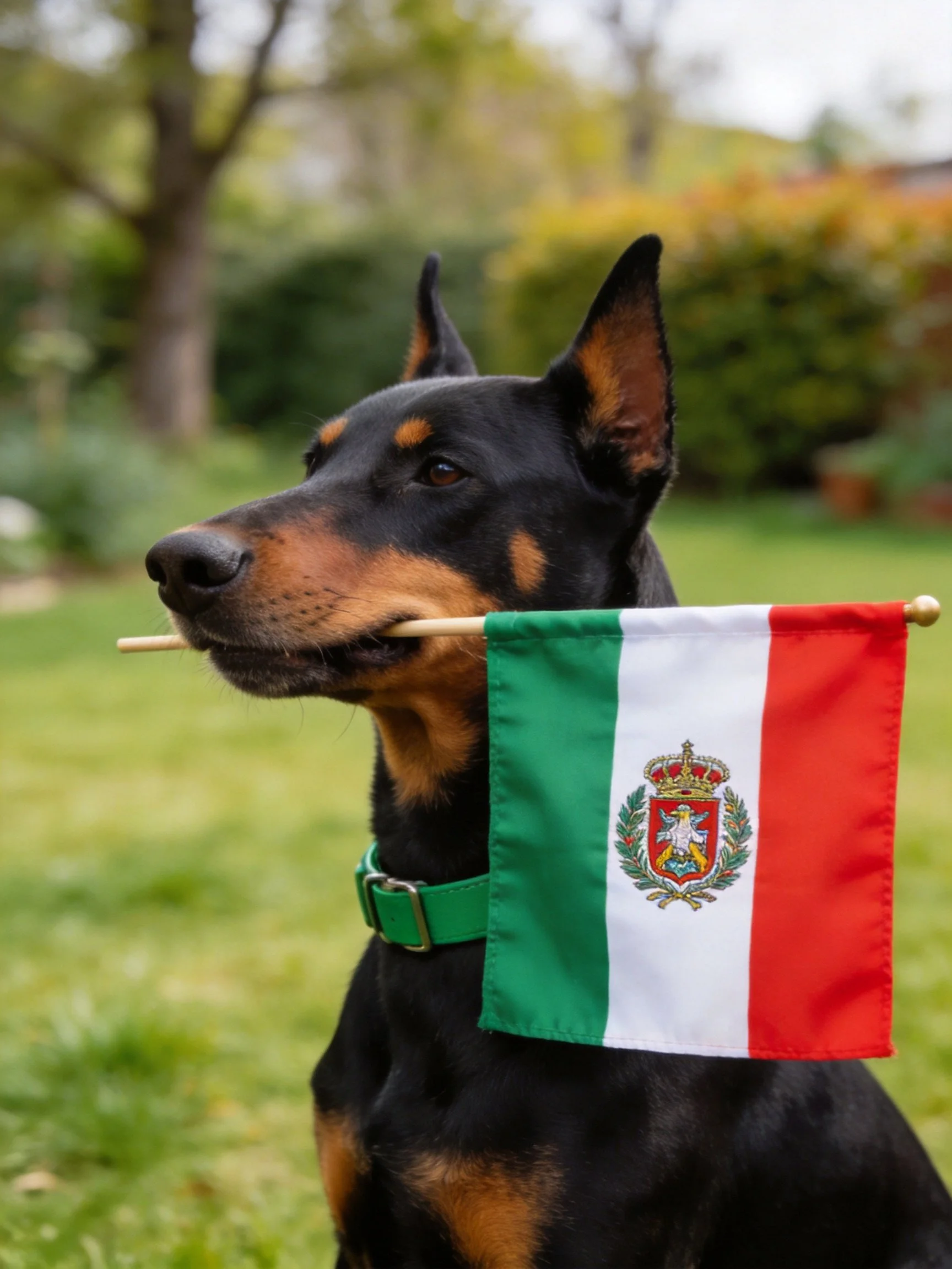 A black and tan Doberman holds an Italian flag in a garden